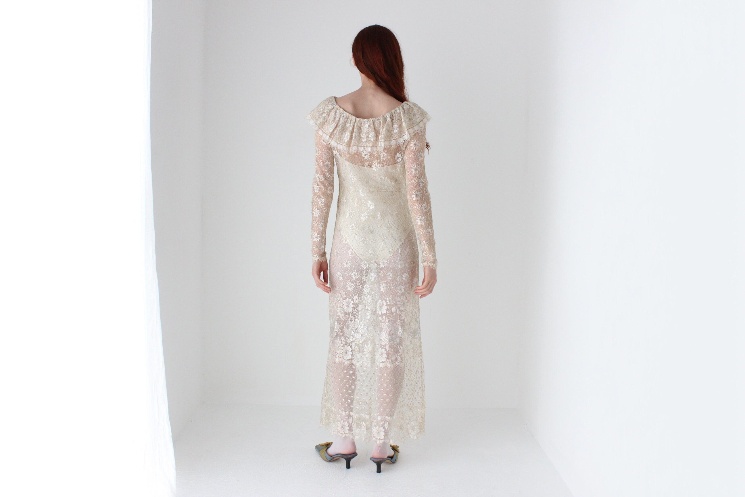 Romantic 1970s Gold Sheer Lace Ruffle Neck Wedding Dress