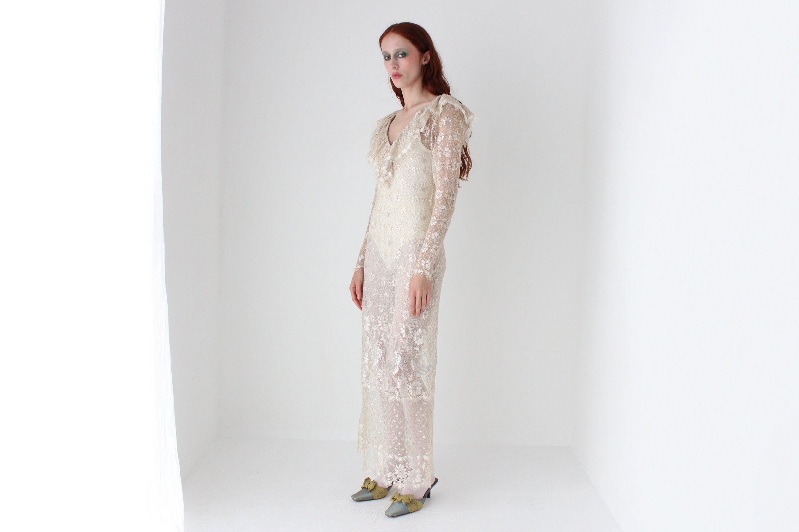 Romantic 1970s Gold Sheer Lace Ruffle Neck Wedding Dress