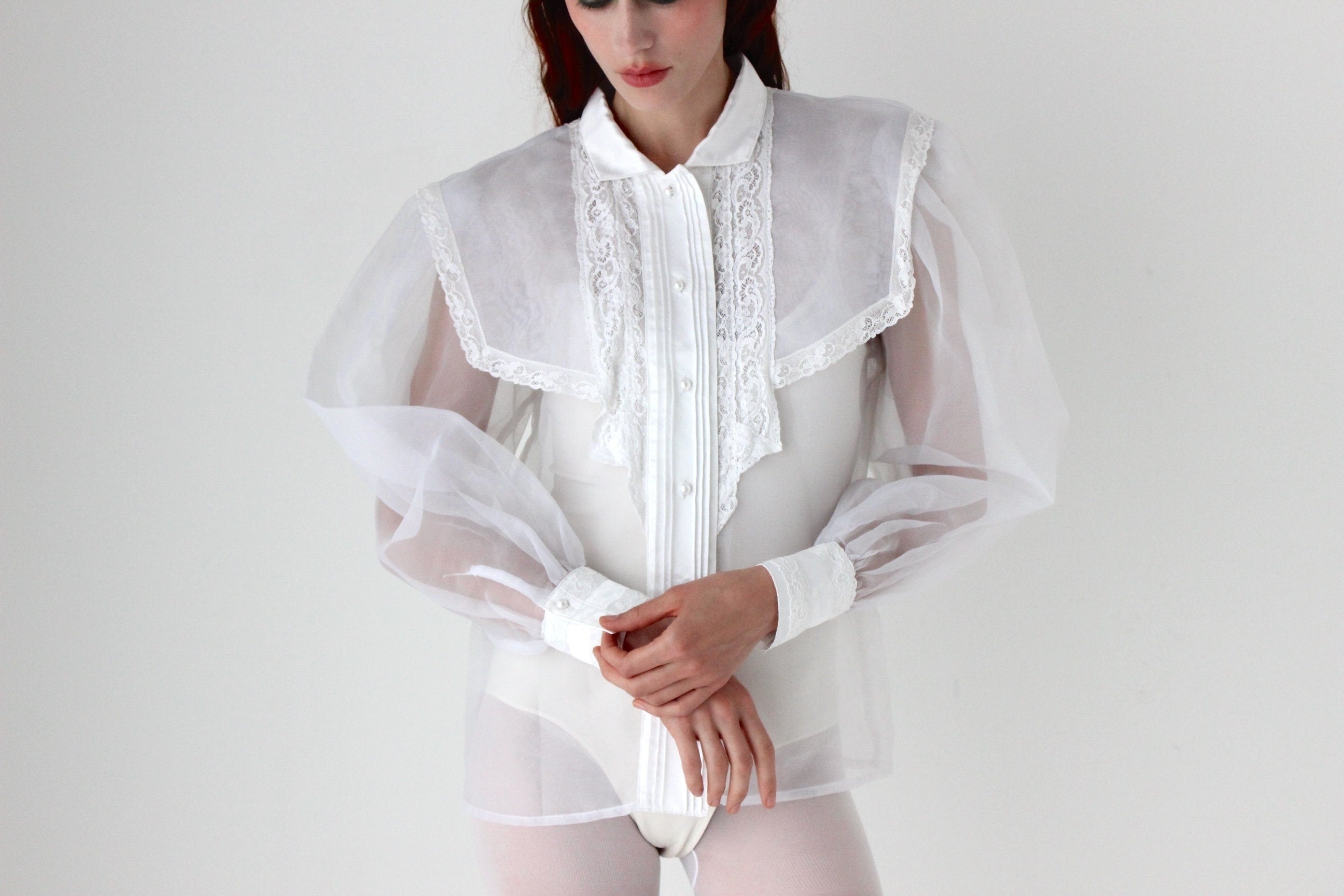 Fabulous 80s Structured White Organza Puff Blouson Sleeve Top