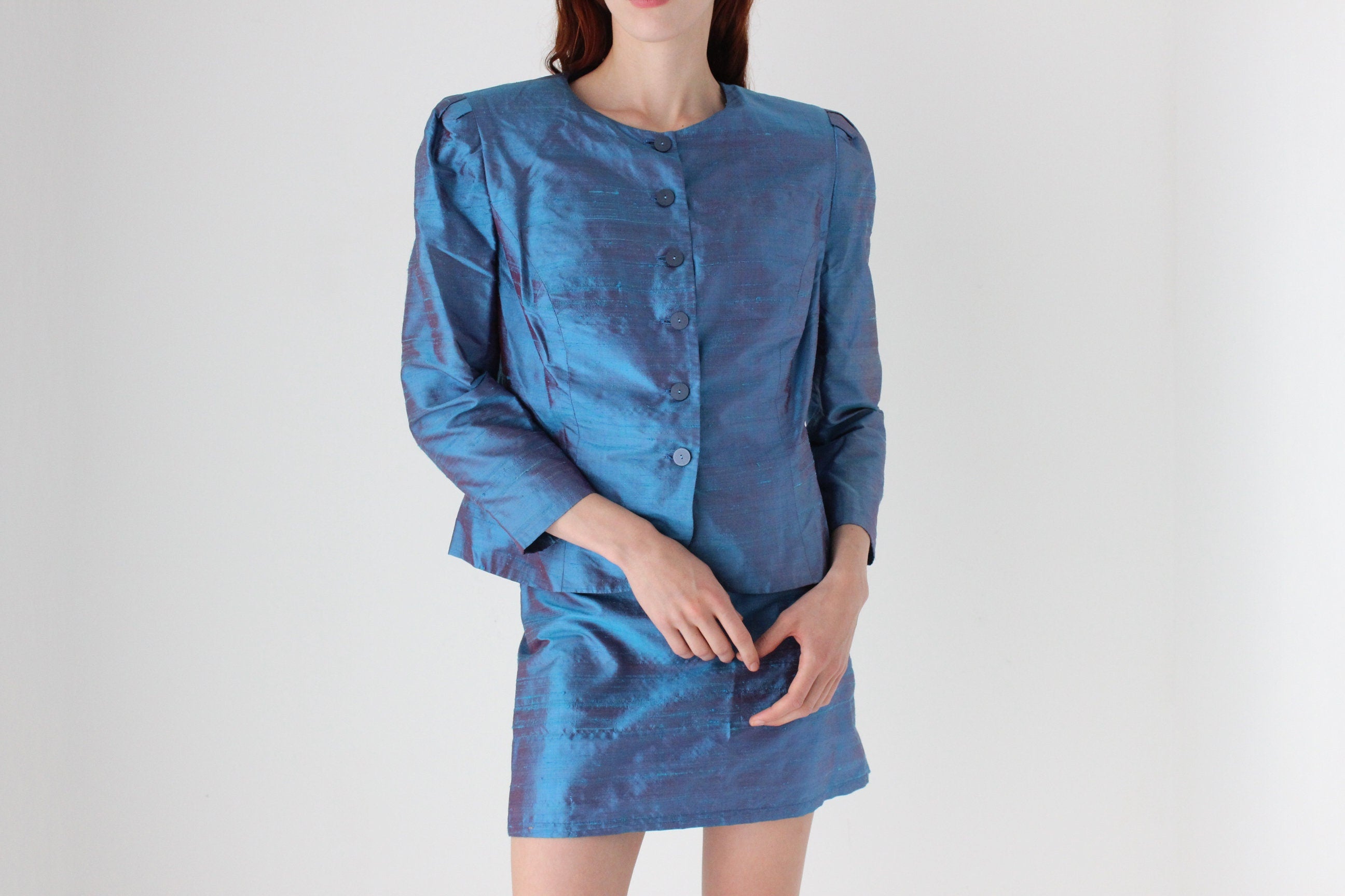 80s Raw Silk Metallic Two Piece Jacket Top & Skirt Suit Set