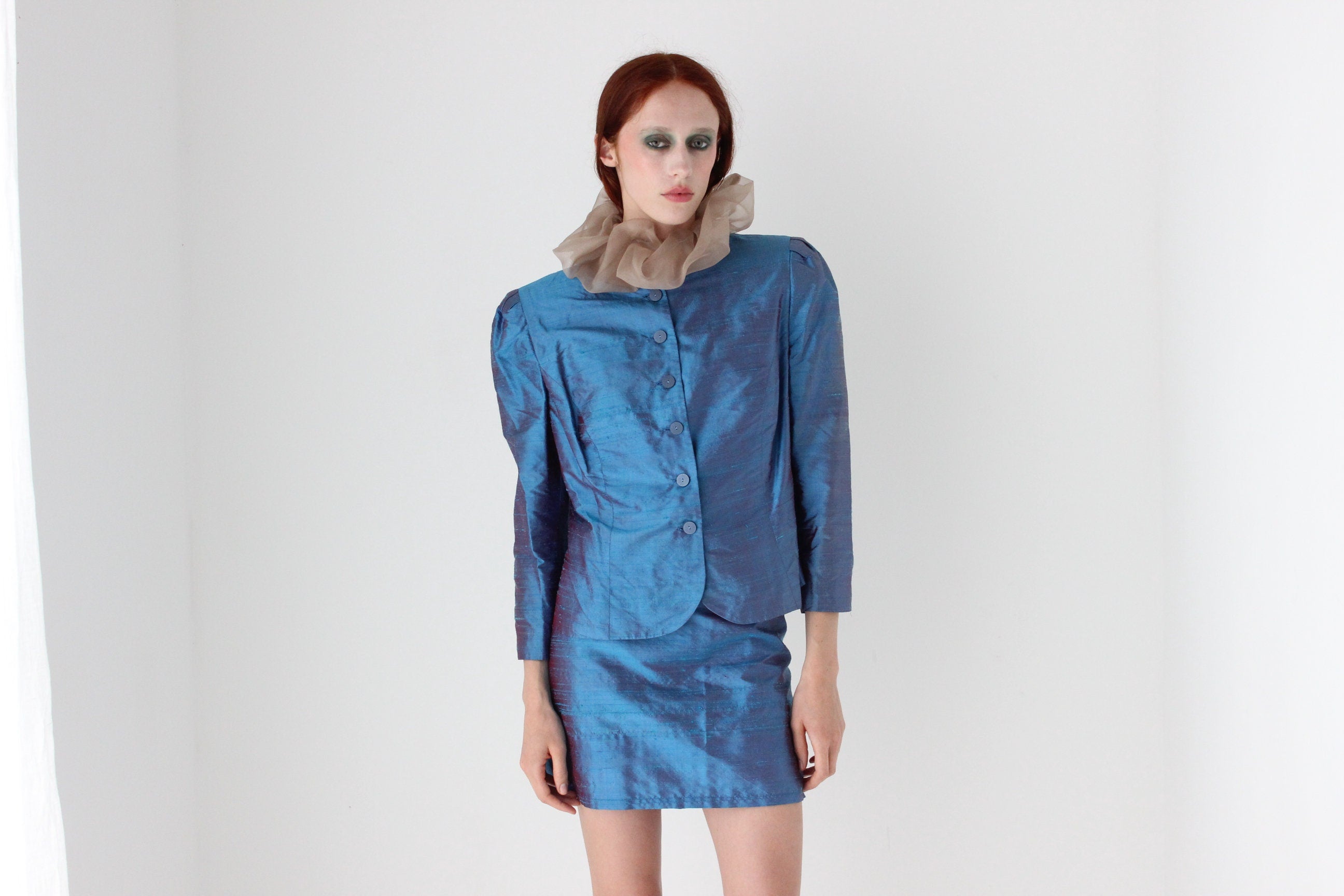 80s Raw Silk Metallic Two Piece Jacket Top & Skirt Suit Set