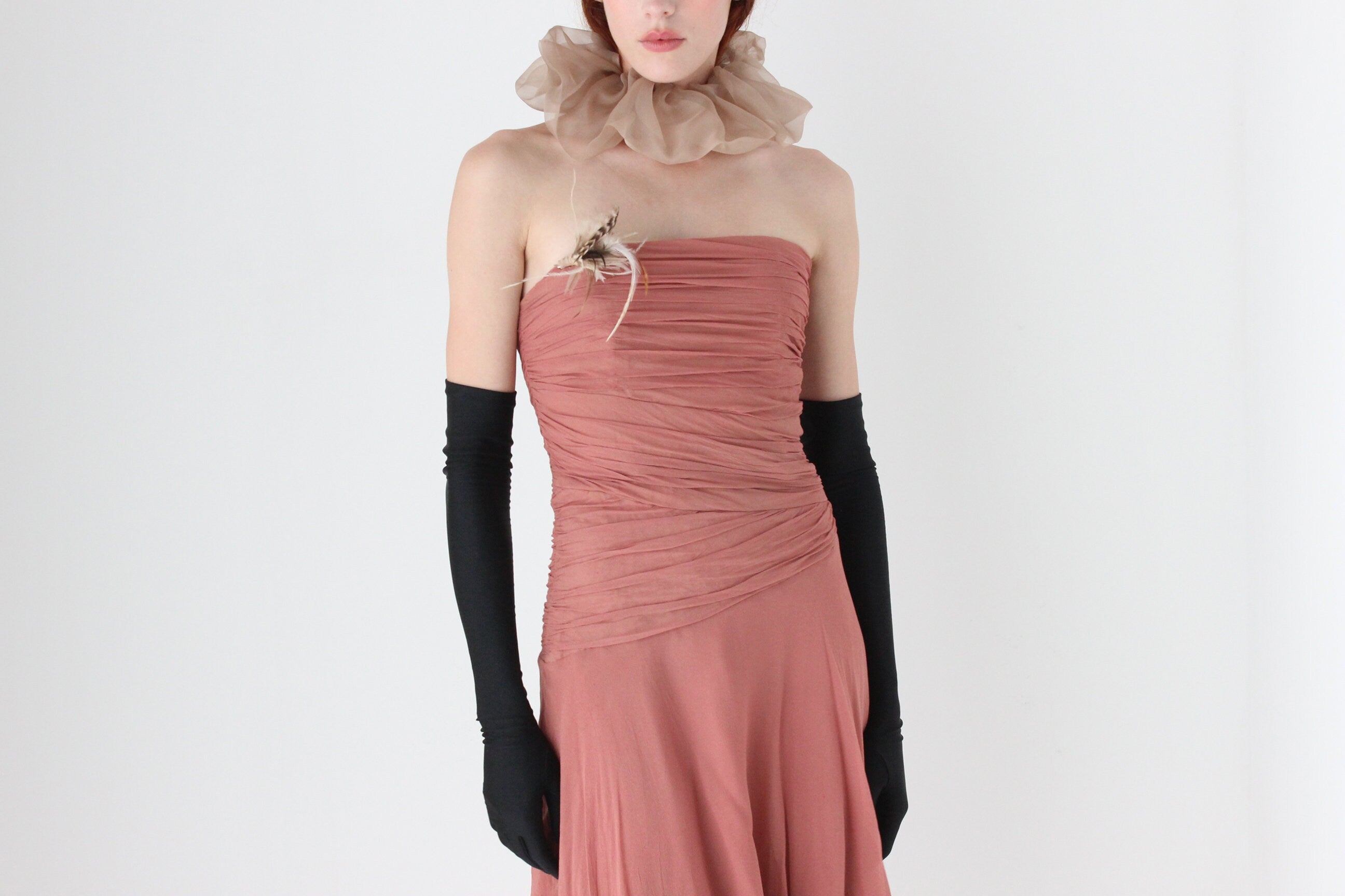 Y2K Pure Silk Ruched Strapless Party Dress w/ Feather Brooch