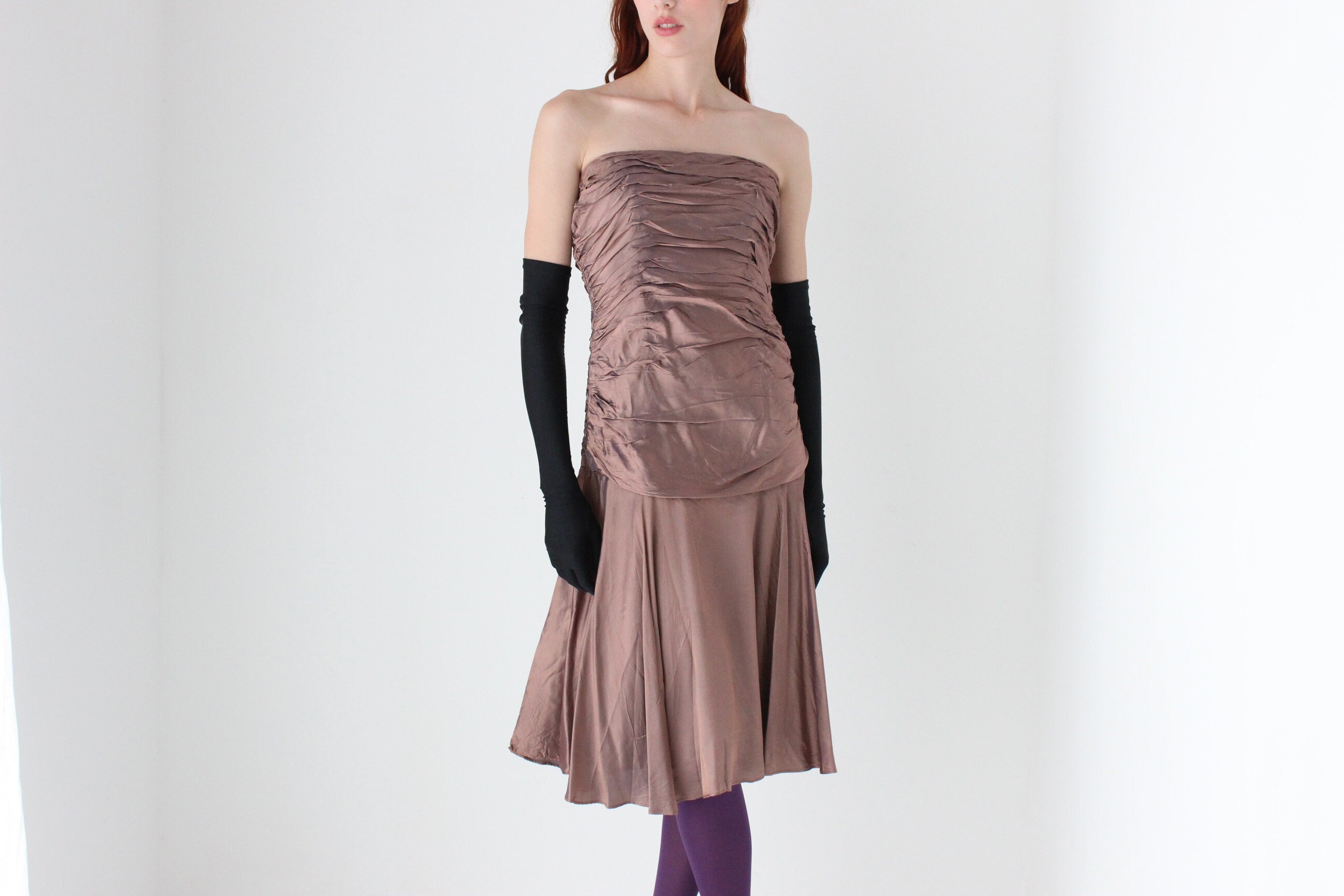 2000s Ruched Crinkle Metallic Bustier Dress