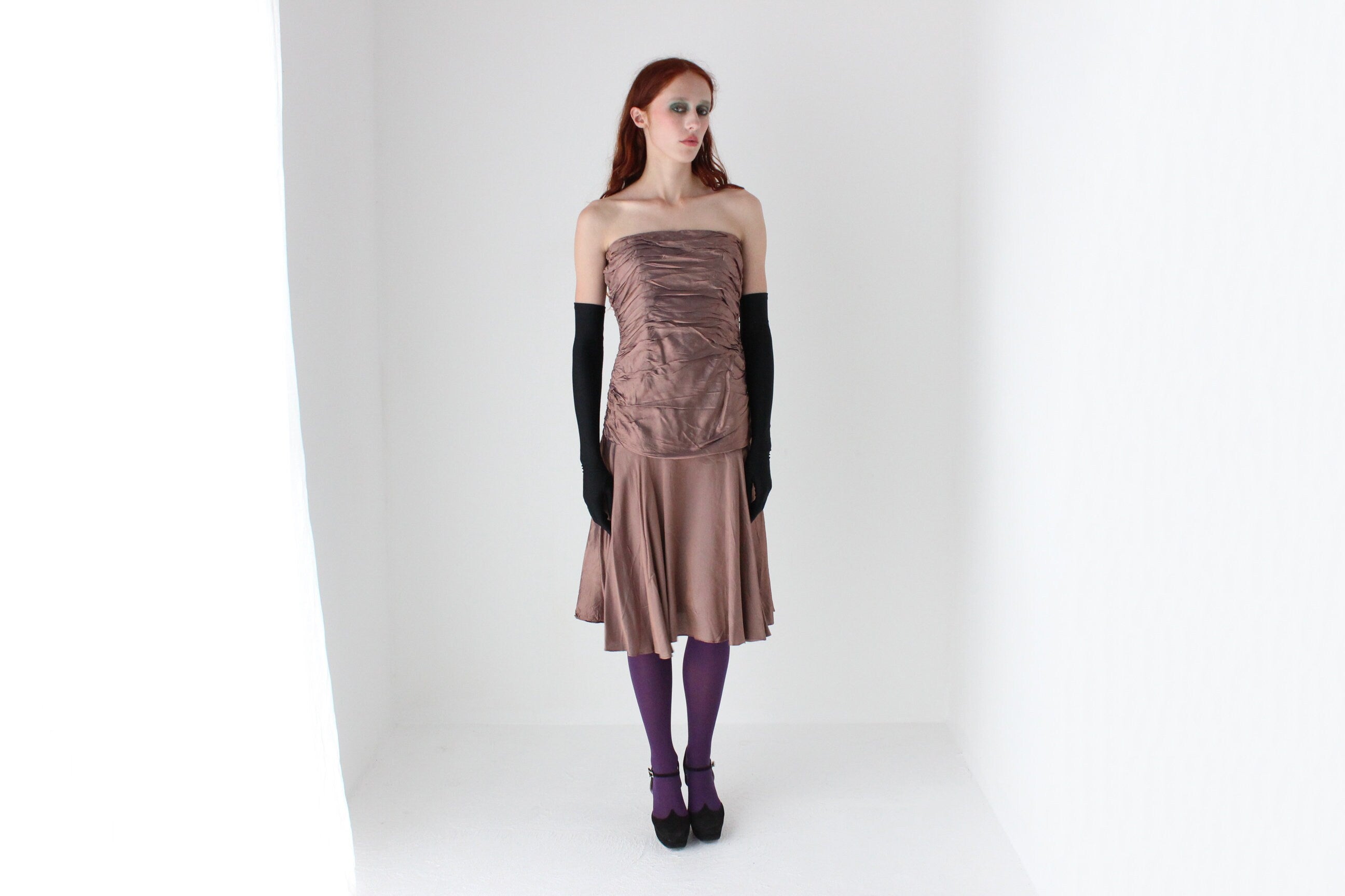 2000s Ruched Crinkle Metallic Bustier Dress