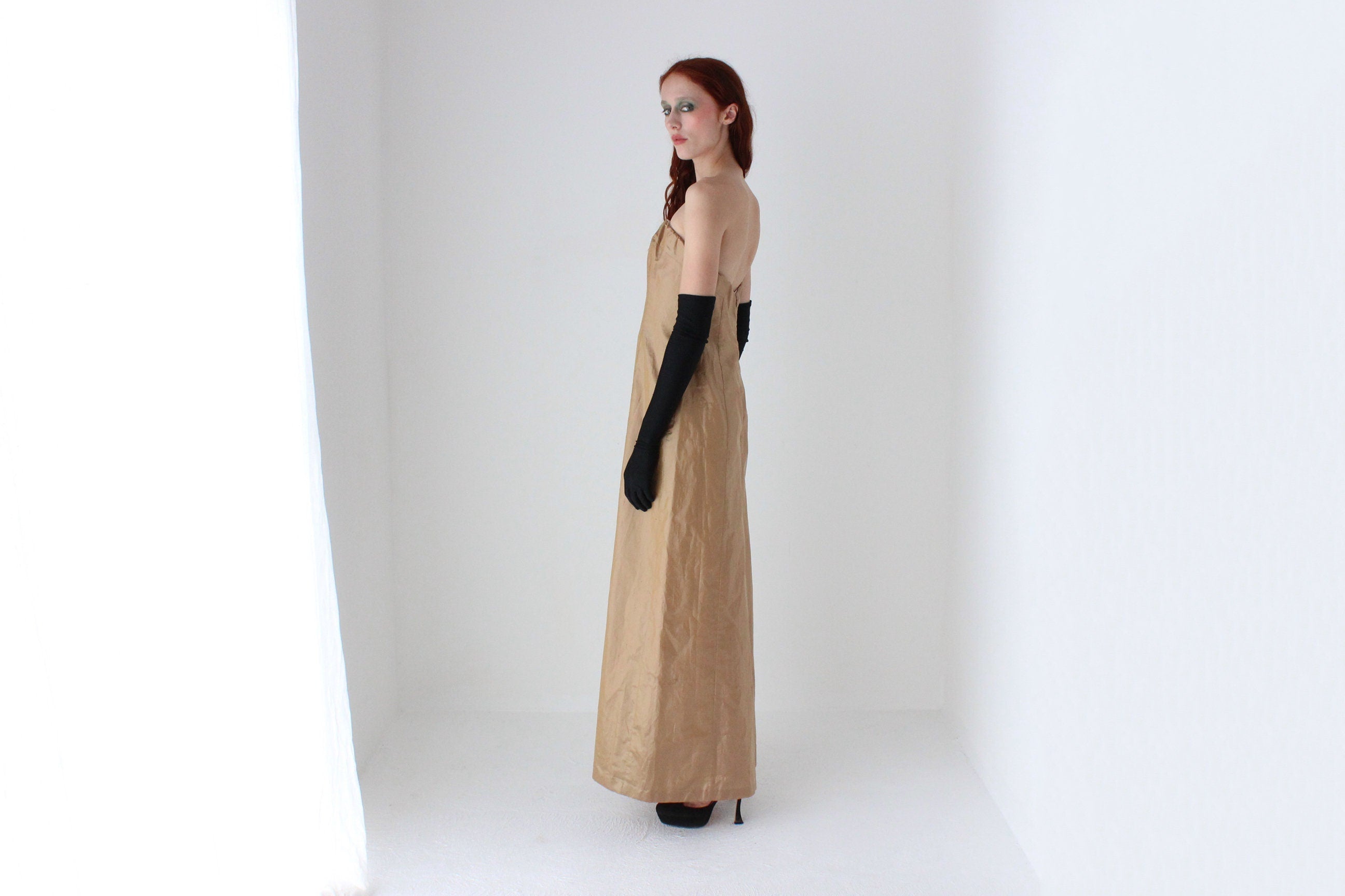 Y2K Lisa Ho Raw Silk Strapless Full Length Gold Formal Gown