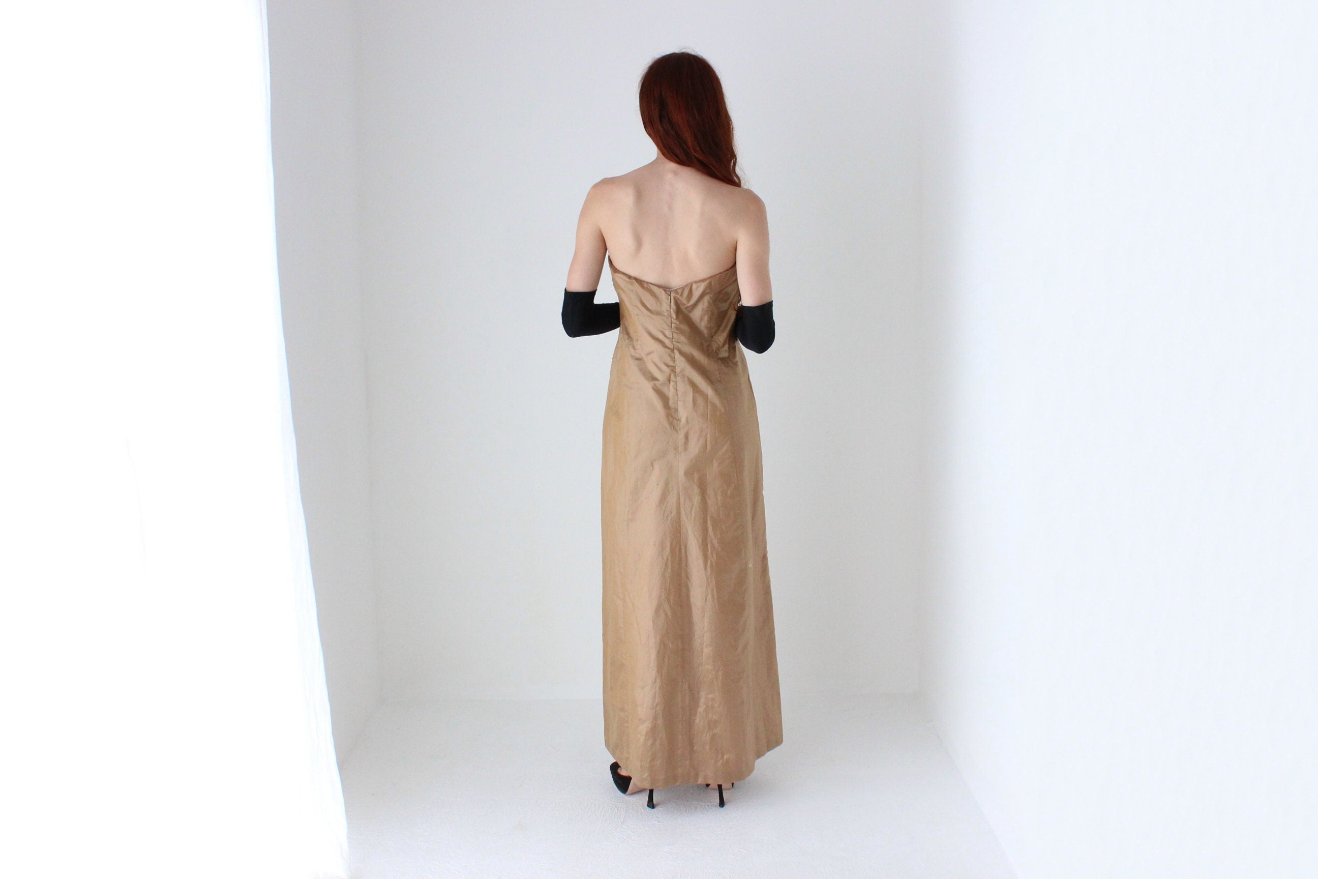 Y2K Lisa Ho Raw Silk Strapless Full Length Gold Formal Gown