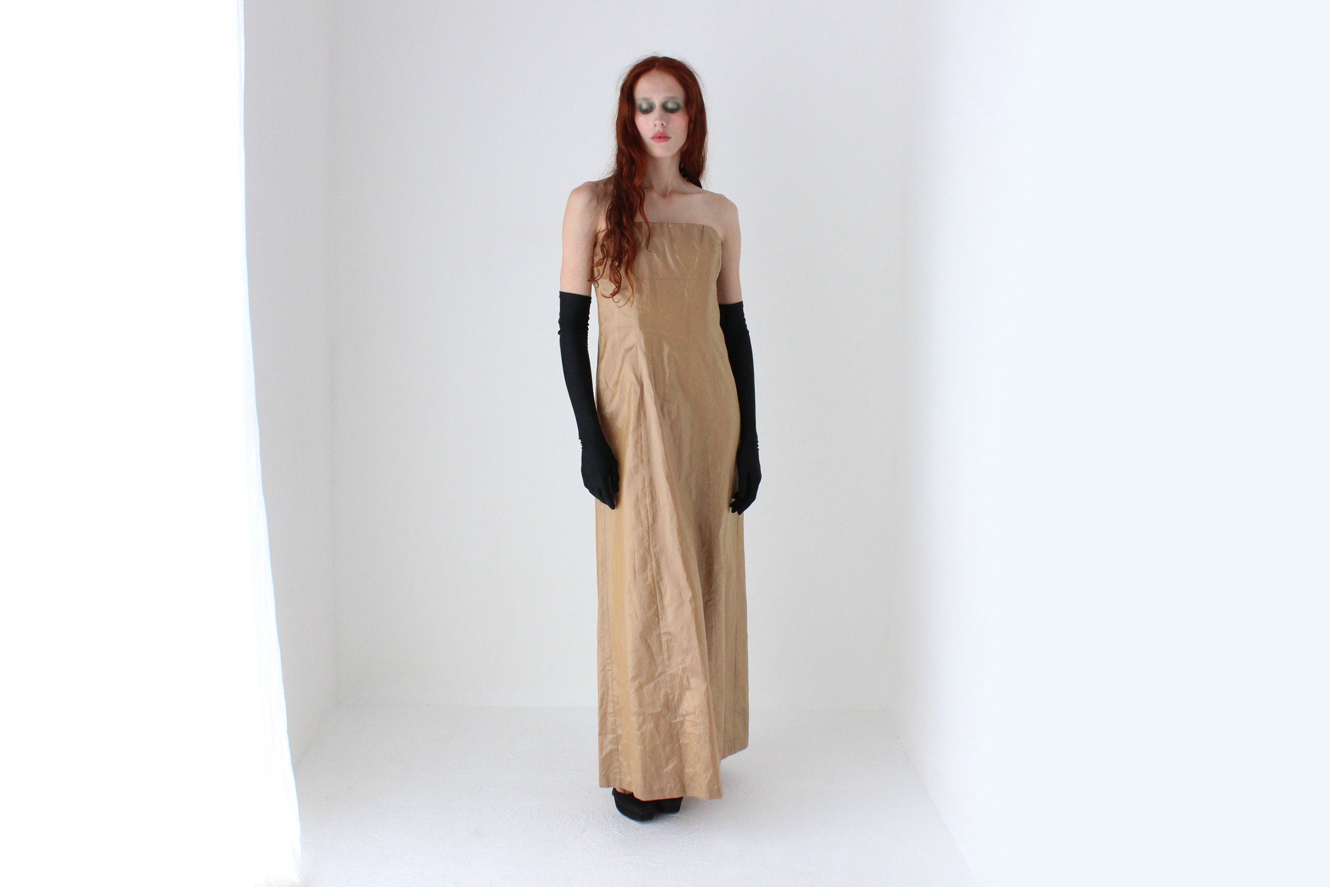 Y2K Lisa Ho Raw Silk Strapless Full Length Gold Formal Gown