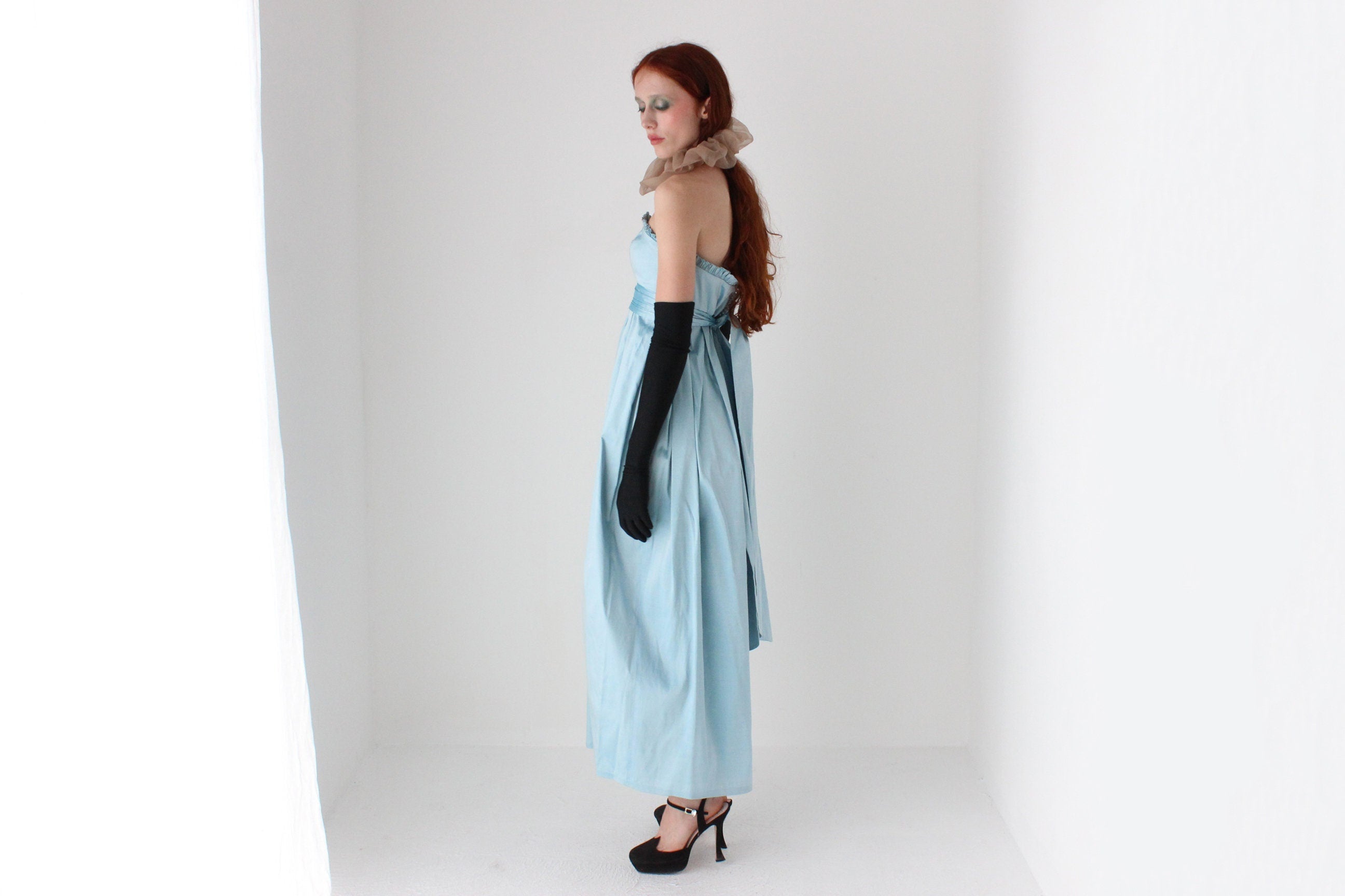 Romantic 80s Raw Silk Strapless Empire Waist Evening Dress