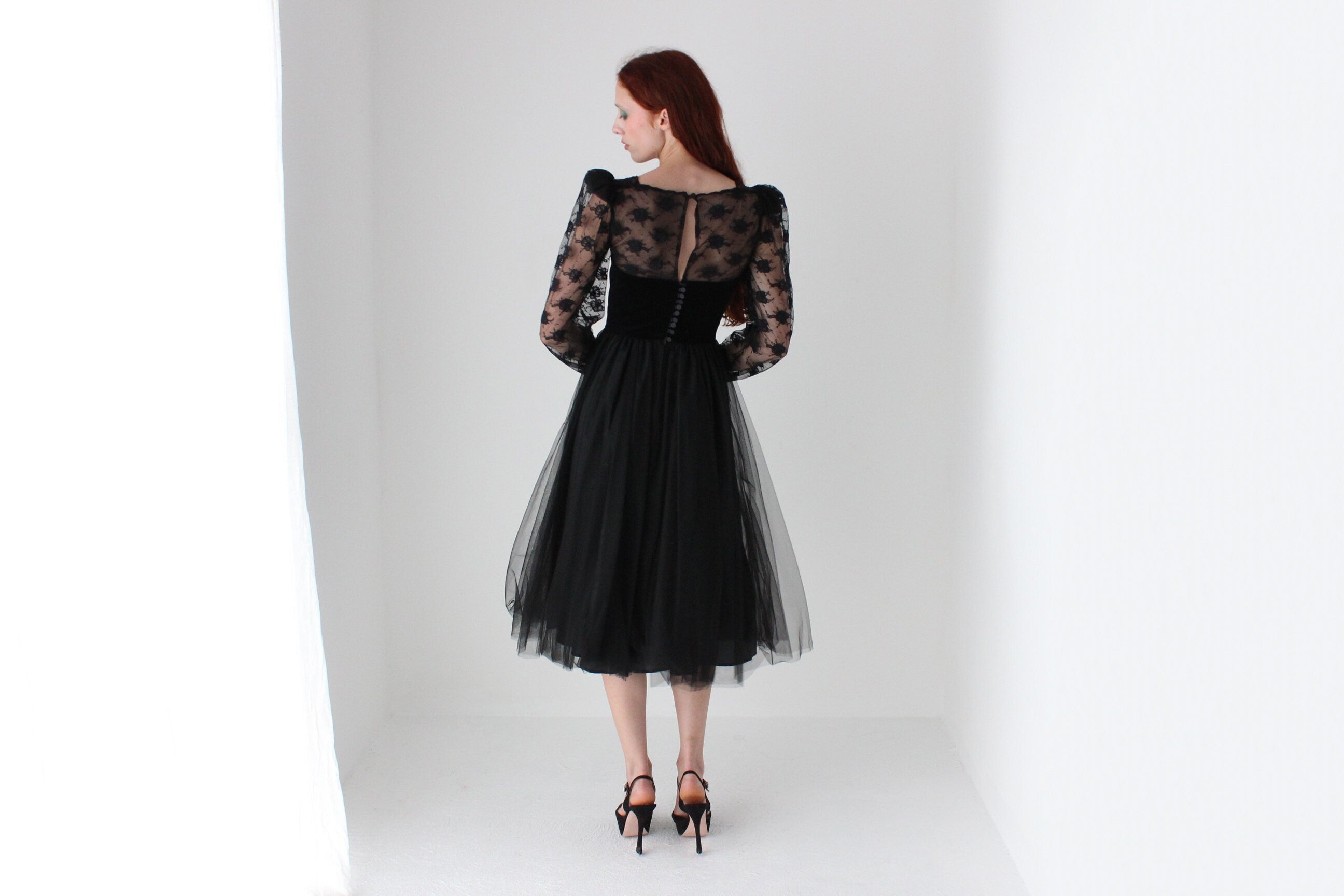 80s Sheer Black Lace, Velvet, Tulle & Taffeta Party Dress