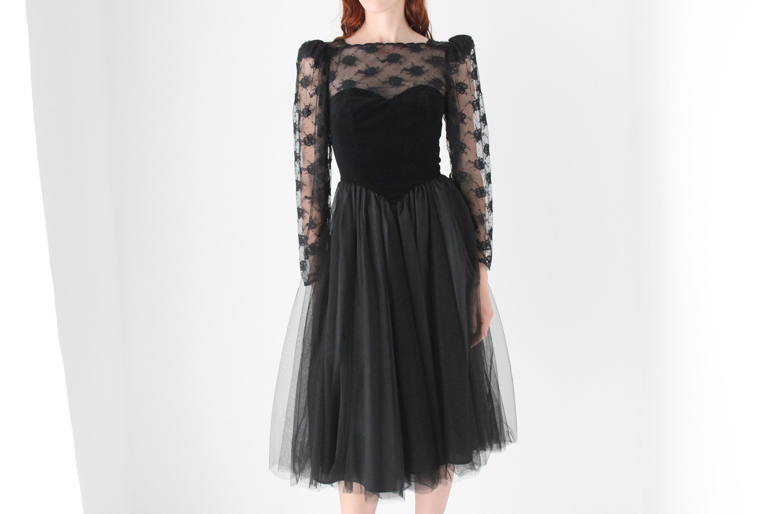 80s Sheer Black Lace, Velvet, Tulle & Taffeta Party Dress