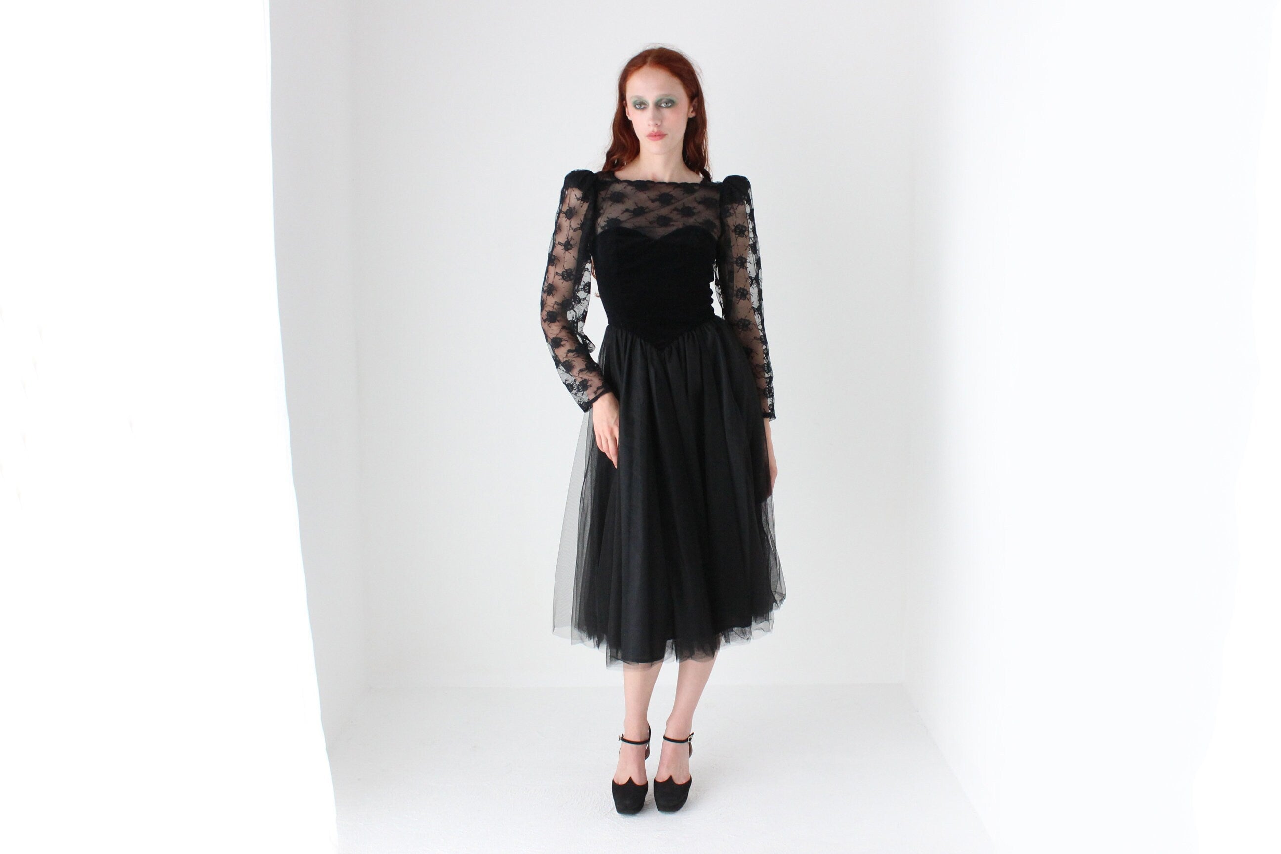 80s Sheer Black Lace, Velvet, Tulle & Taffeta Party Dress