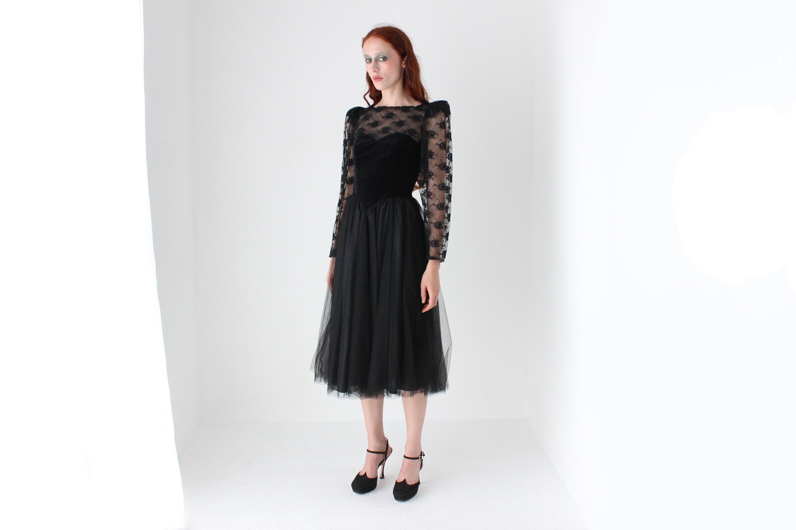 80s Sheer Black Lace, Velvet, Tulle & Taffeta Party Dress