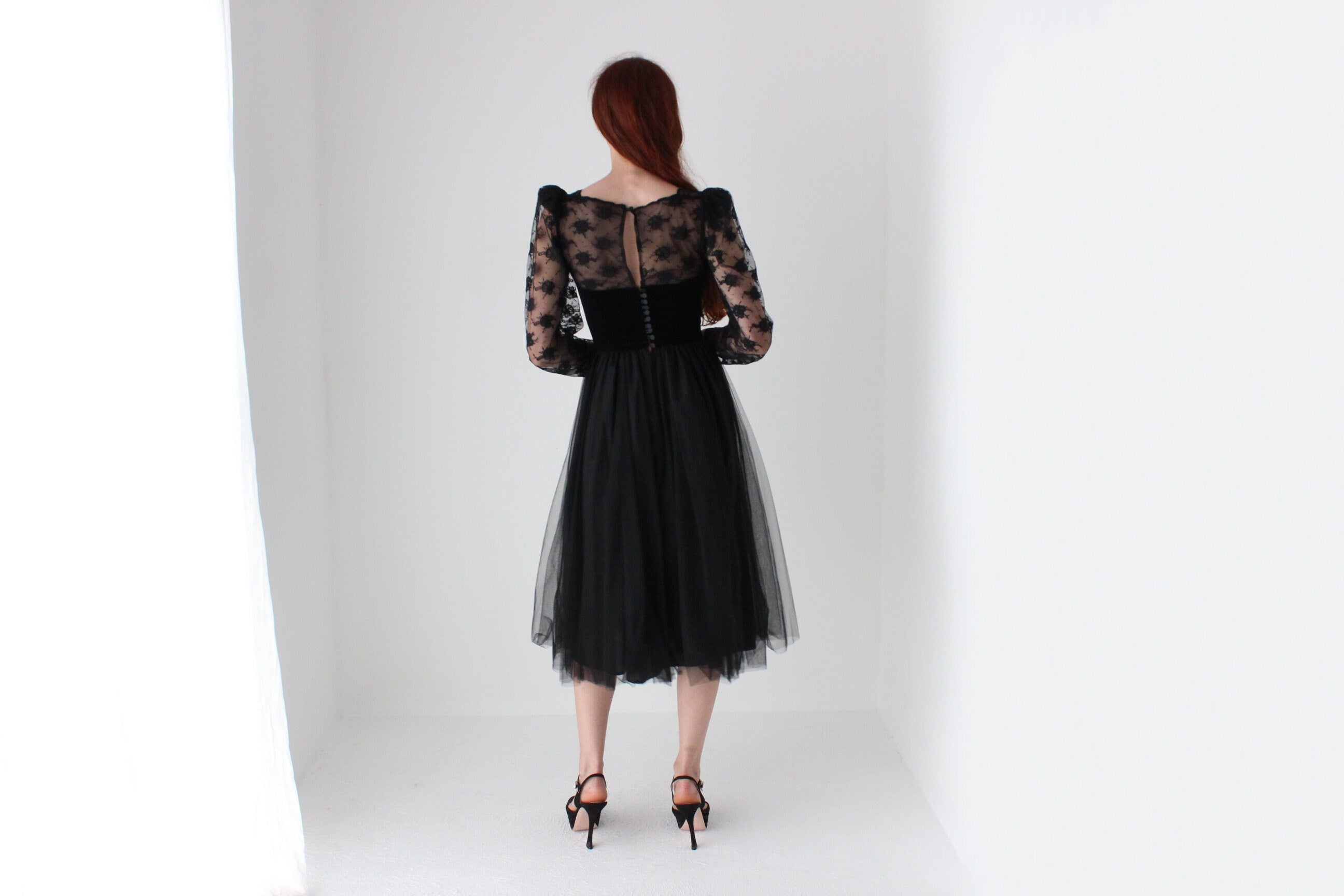 80s Sheer Black Lace, Velvet, Tulle & Taffeta Party Dress