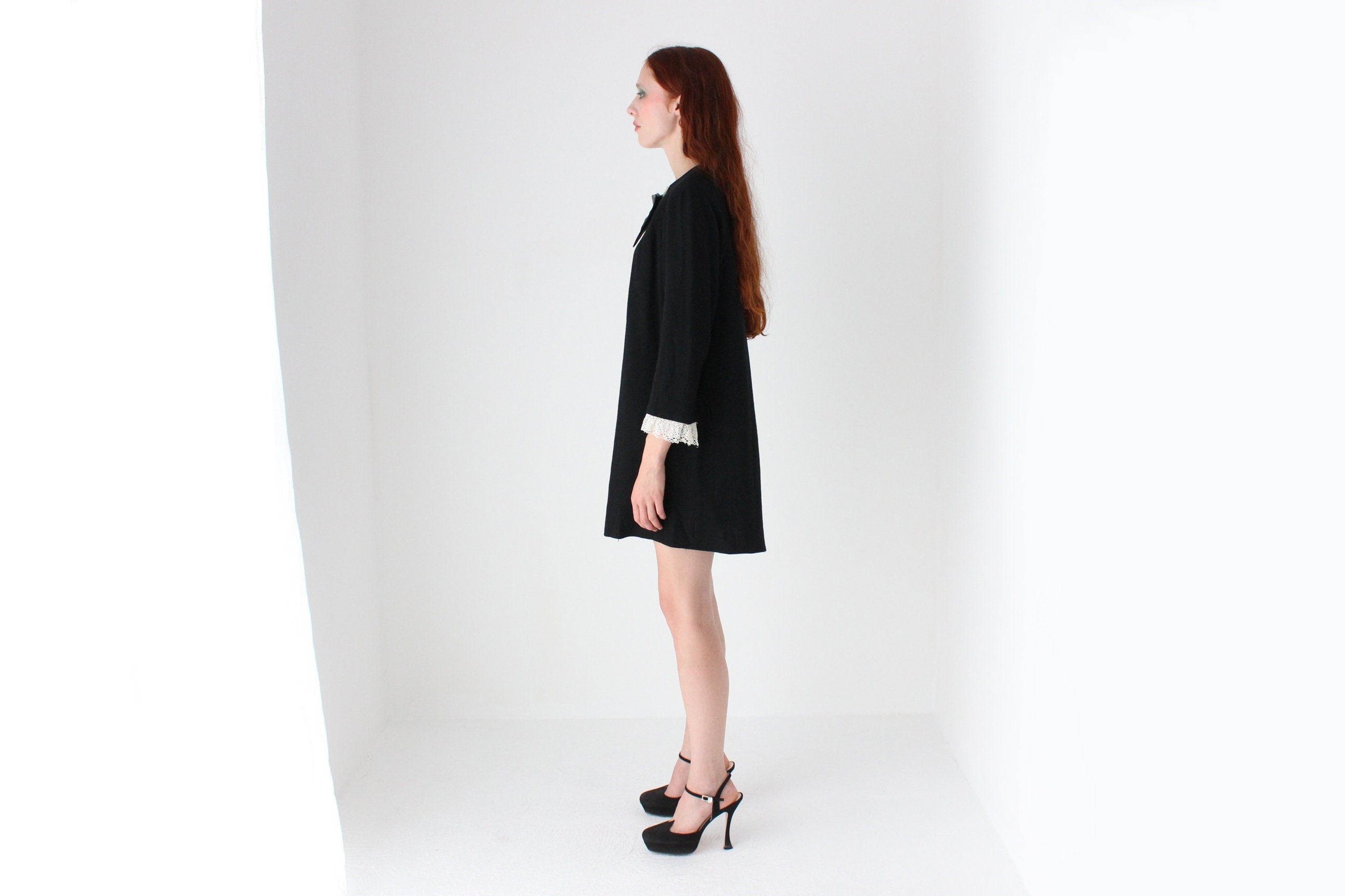 60s Tuxedo Bow & Lace Ruffle Dress