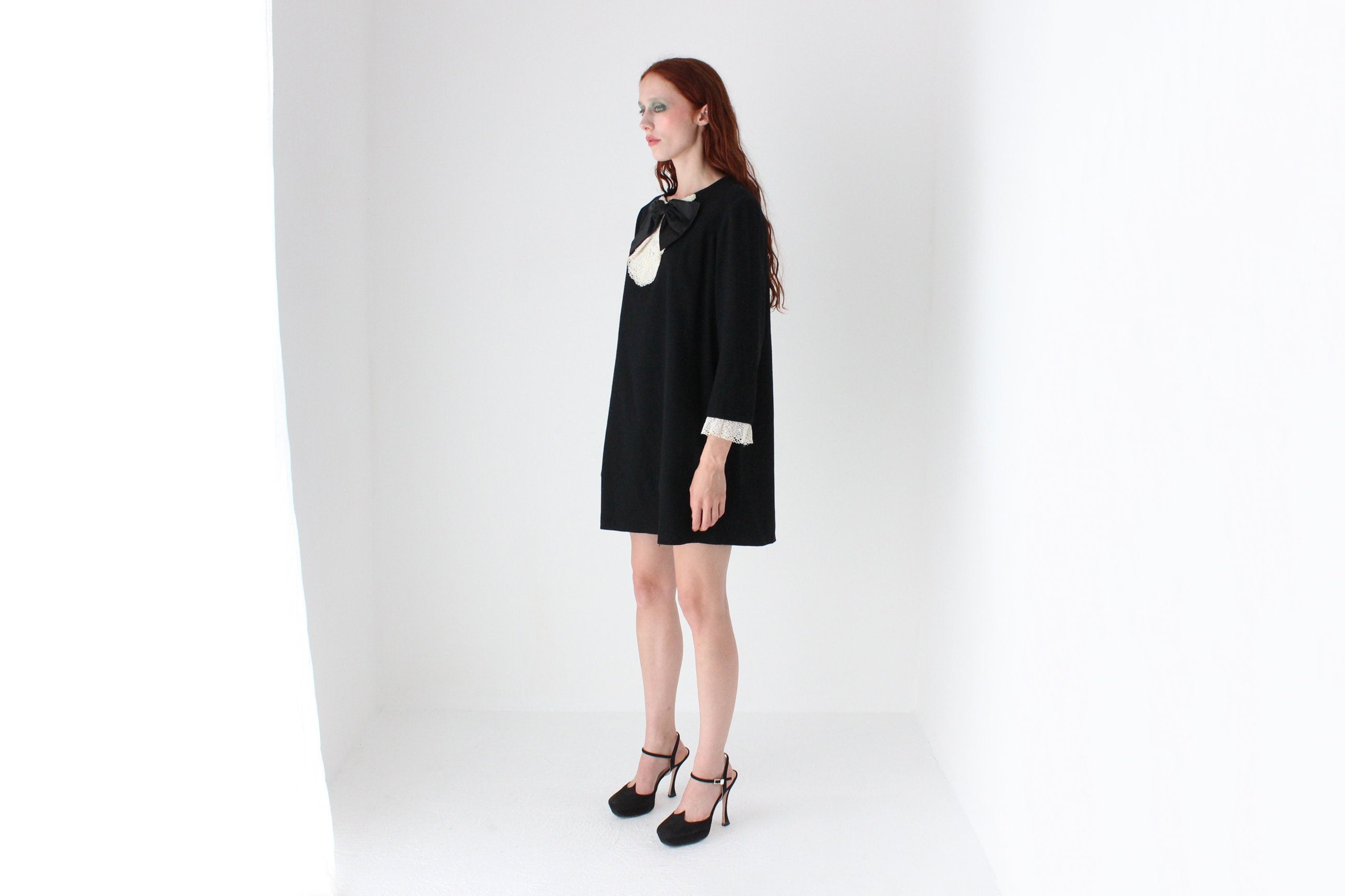 60s Tuxedo Bow & Lace Ruffle Dress