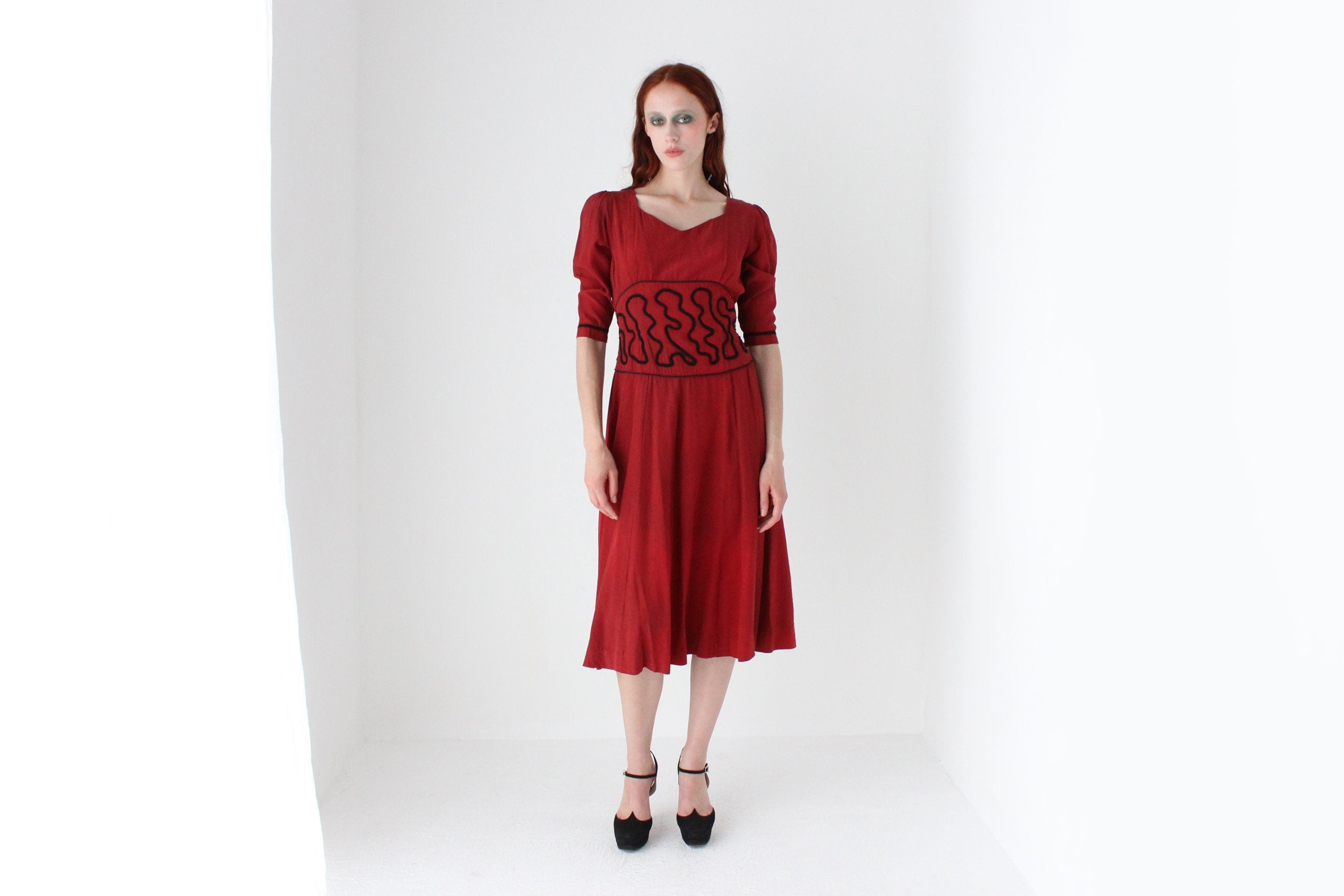 1940s Dyed Red Silk Dress w/ Embroidered Waist