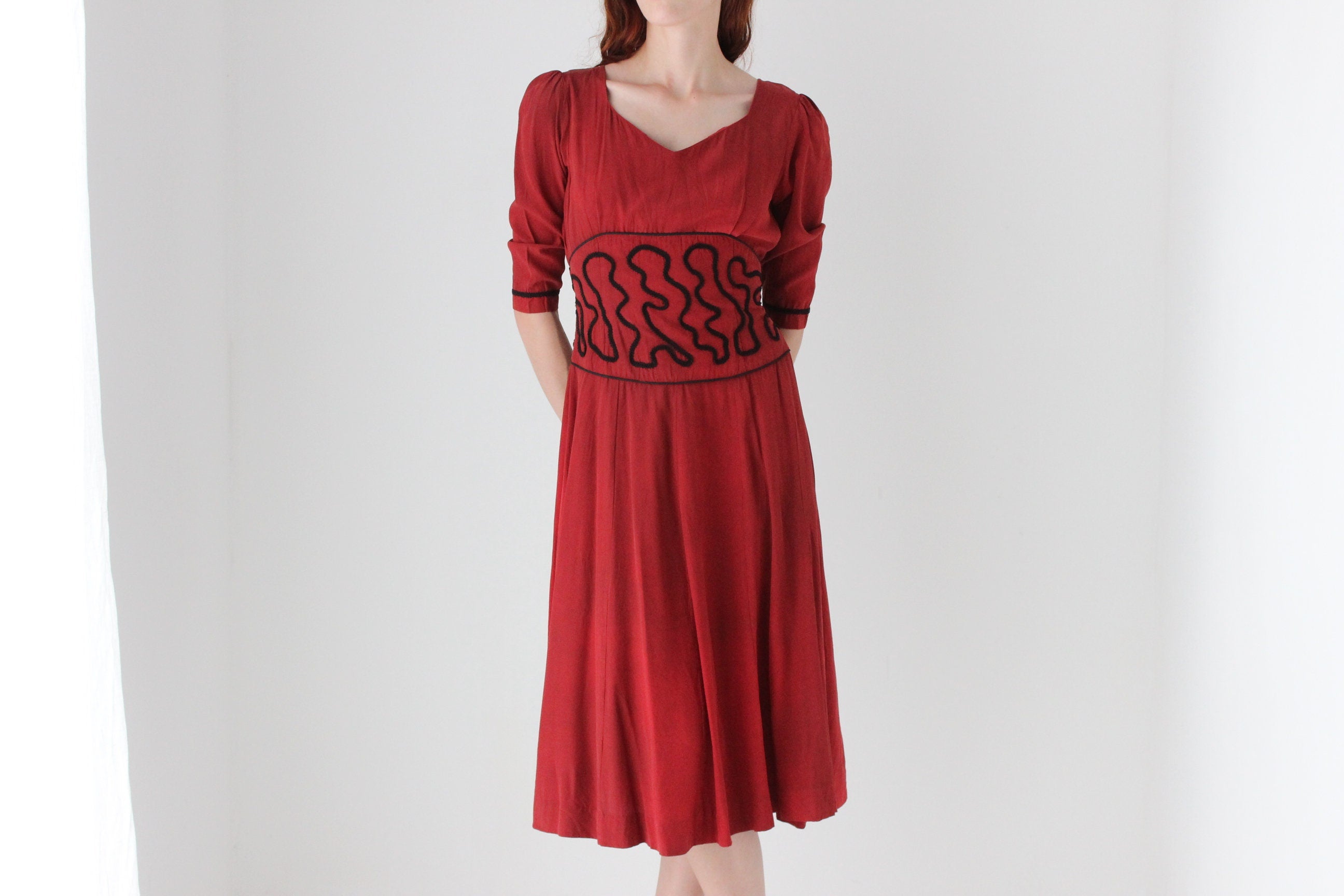 1940s Dyed Red Silk Dress w/ Embroidered Waist