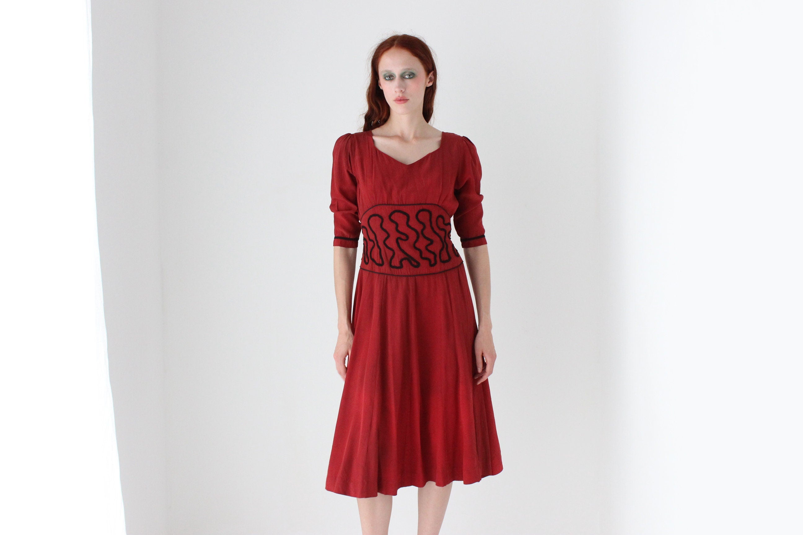 1940s Dyed Red Silk Dress w/ Embroidered Waist