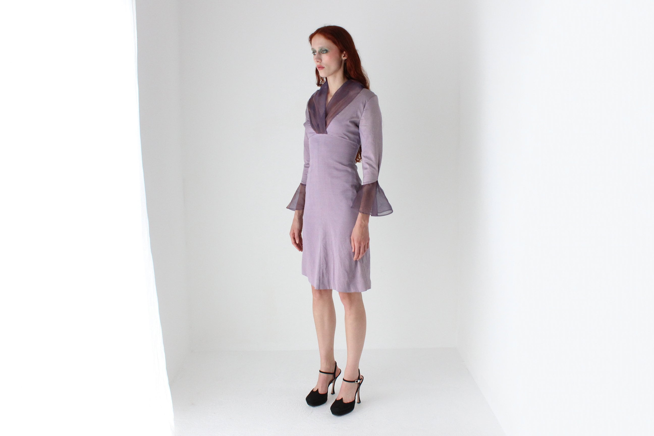 Handmade 80s Raw Silk Long Sleeve Dress w/ Organza Collar and Frill Sleeves