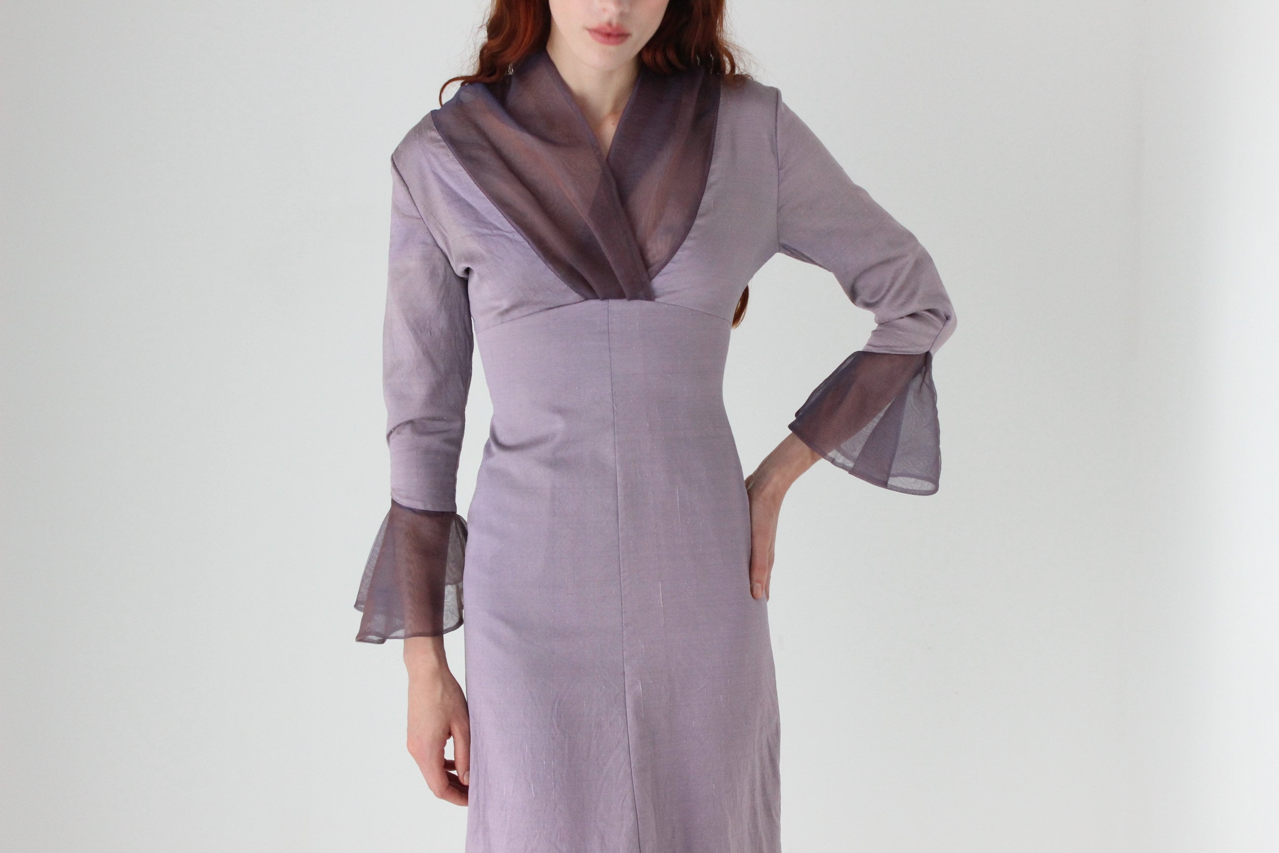 Handmade 80s Raw Silk Long Sleeve Dress w/ Organza Collar and Frill Sleeves