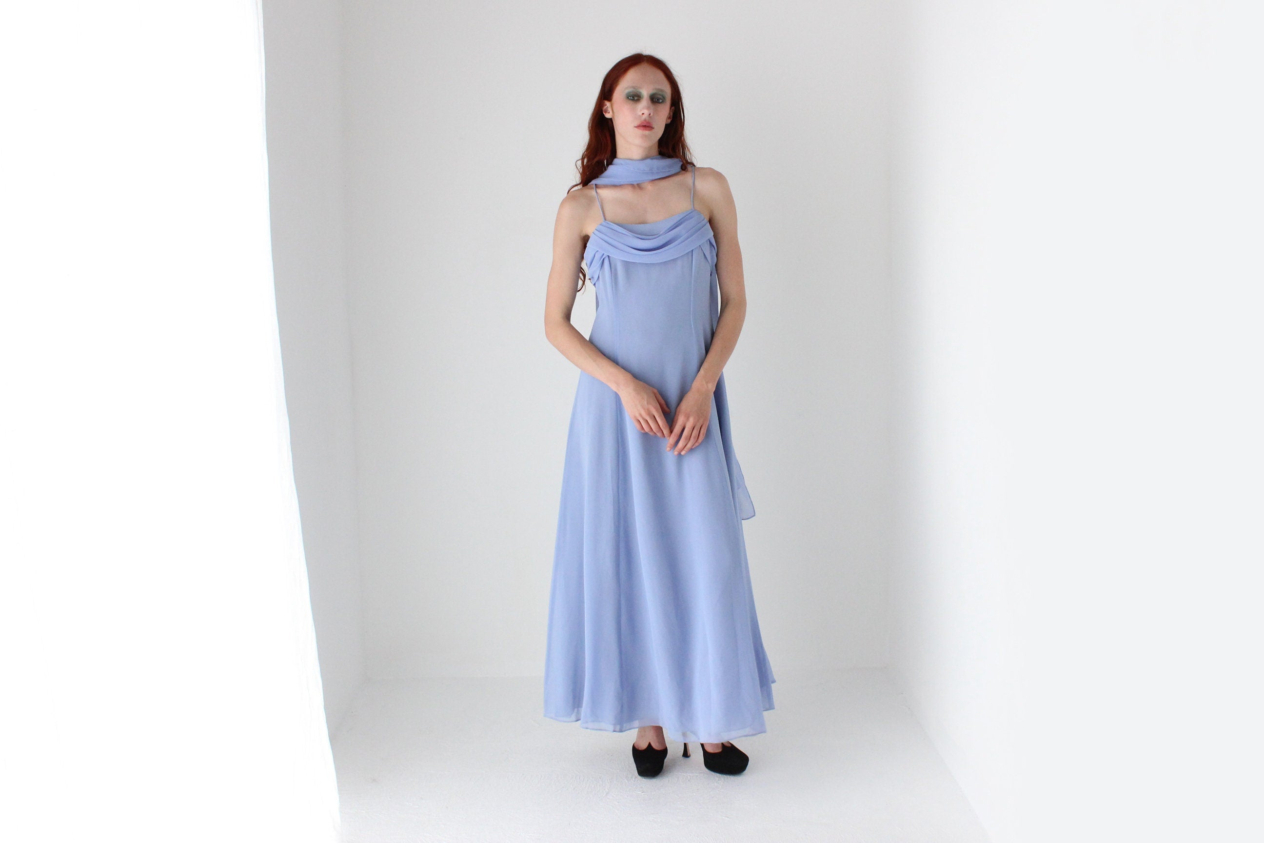 90s Cornflower Blue Spaghetti Strap Prom Slip Dress w/ Shawl