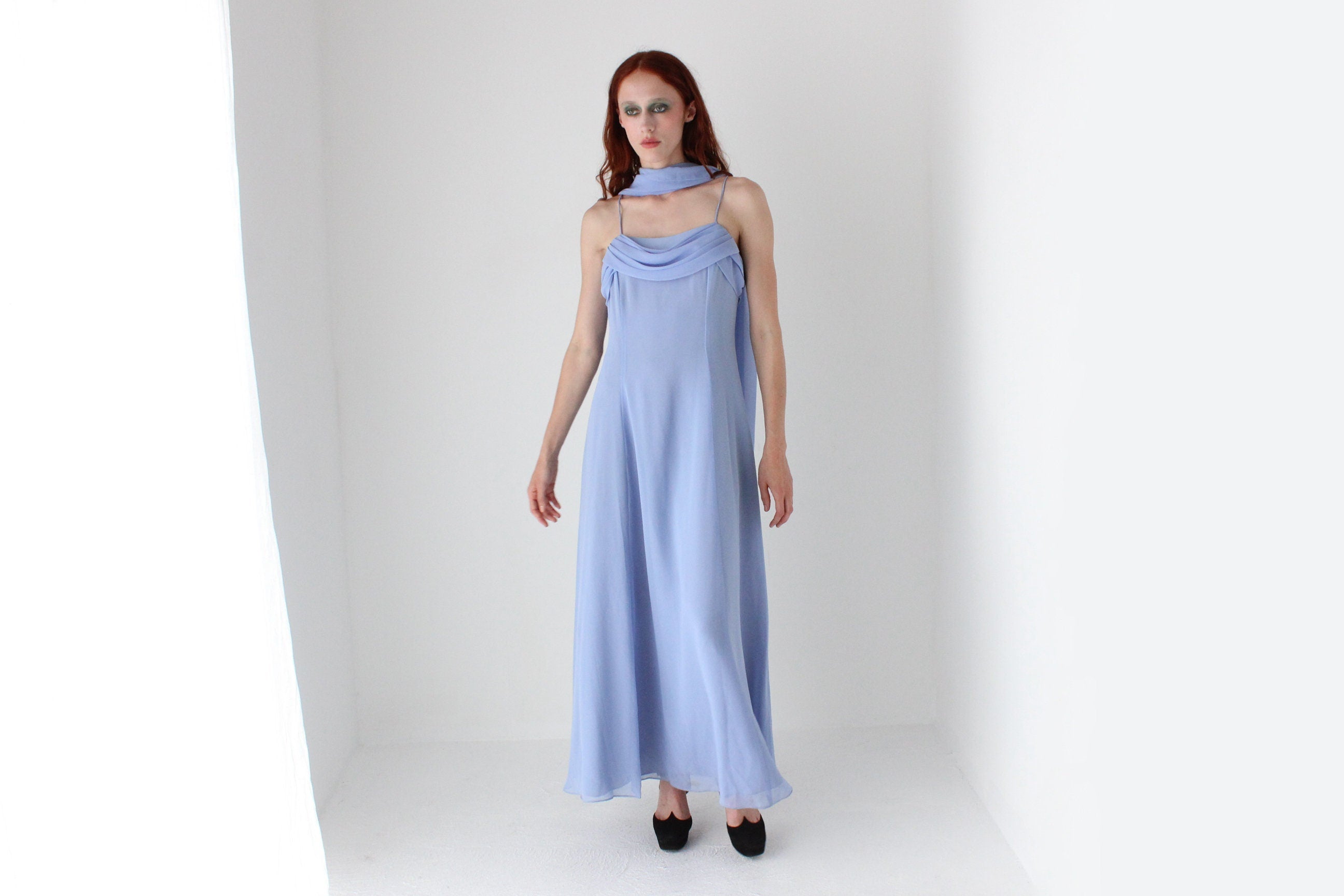 90s Cornflower Blue Spaghetti Strap Prom Slip Dress w/ Shawl