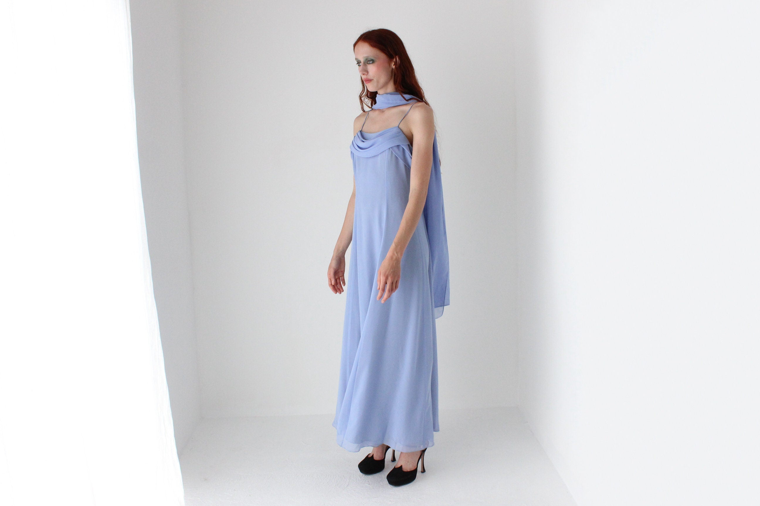 90s Cornflower Blue Spaghetti Strap Prom Slip Dress w/ Shawl