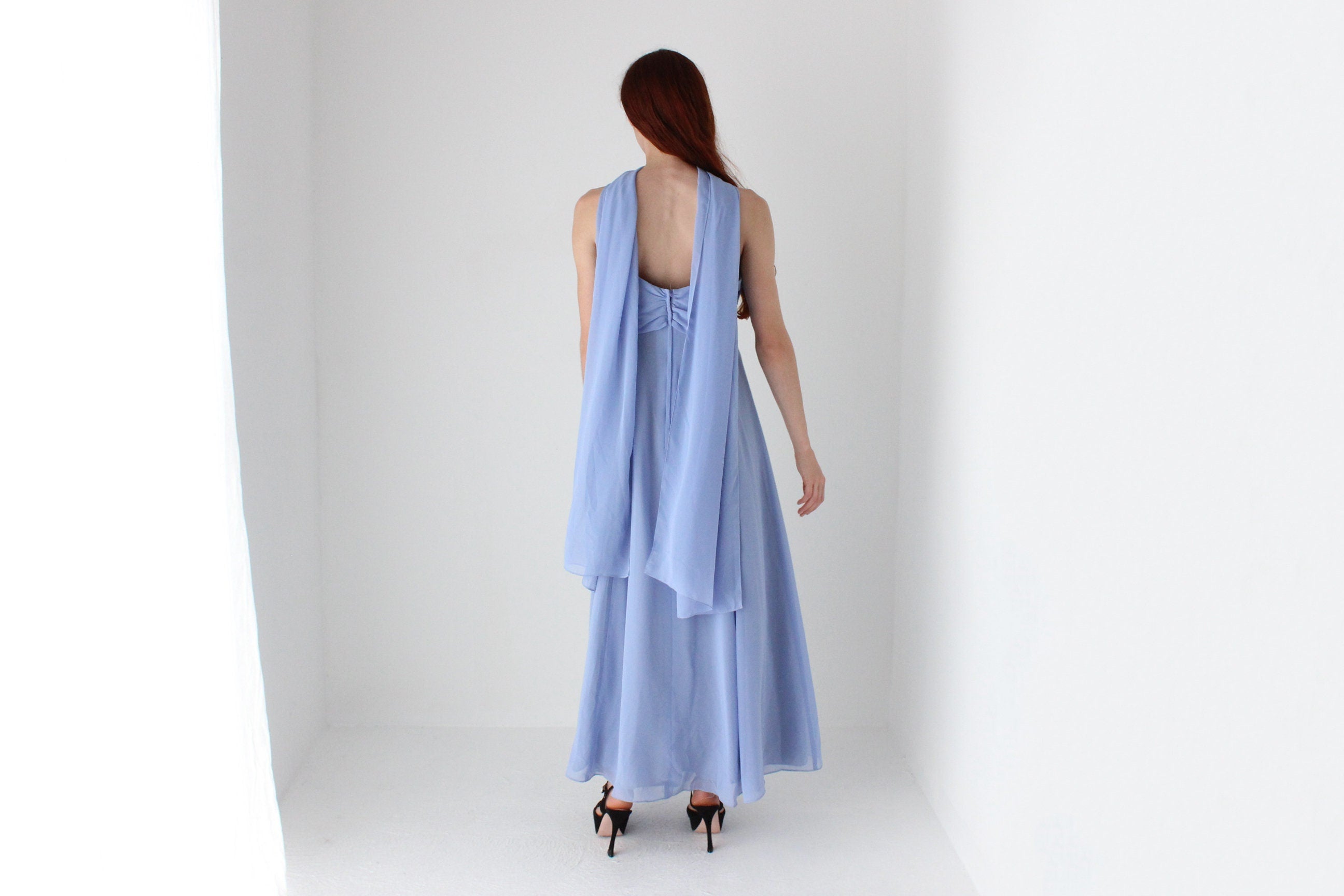 90s Cornflower Blue Spaghetti Strap Prom Slip Dress w/ Shawl