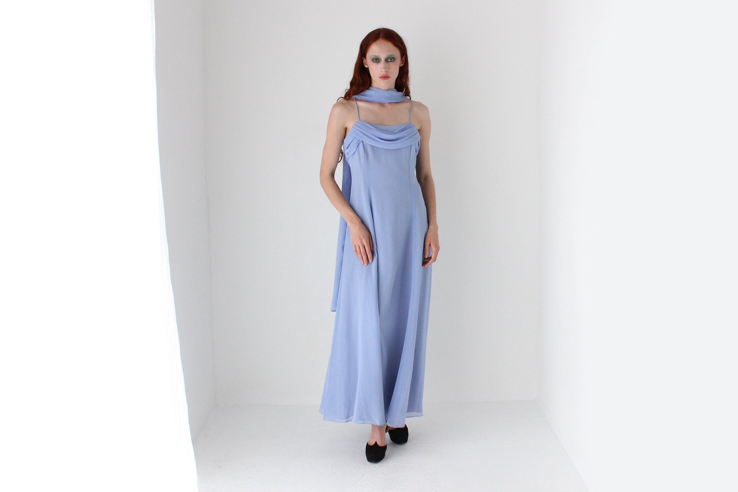 90s Cornflower Blue Spaghetti Strap Prom Slip Dress w/ Shawl