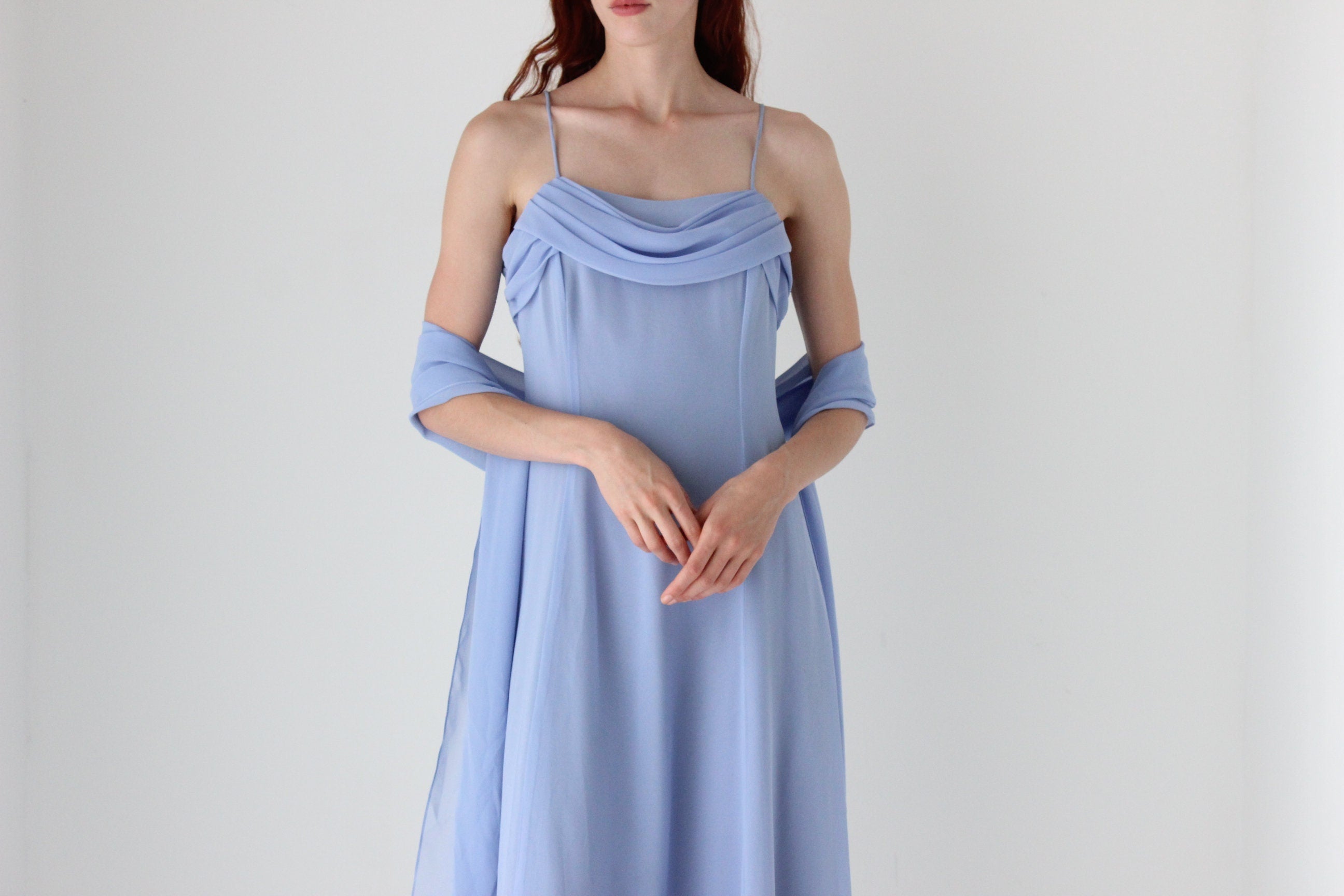 90s Cornflower Blue Spaghetti Strap Prom Slip Dress w/ Shawl