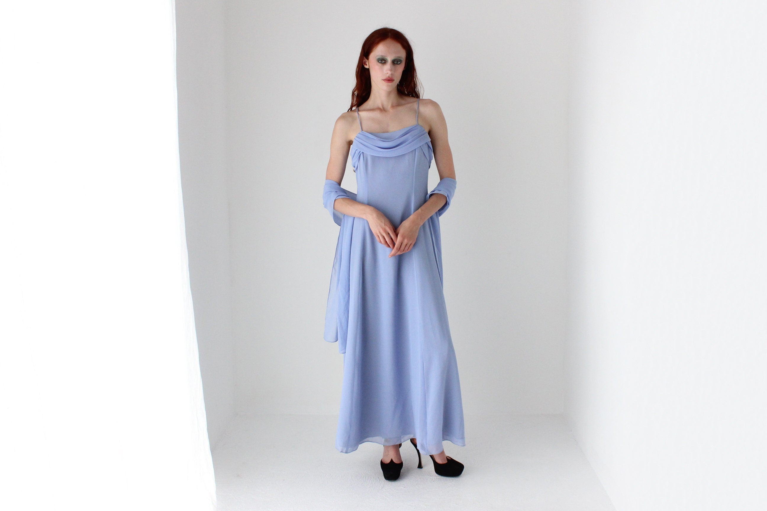 90s Cornflower Blue Spaghetti Strap Prom Slip Dress w/ Shawl