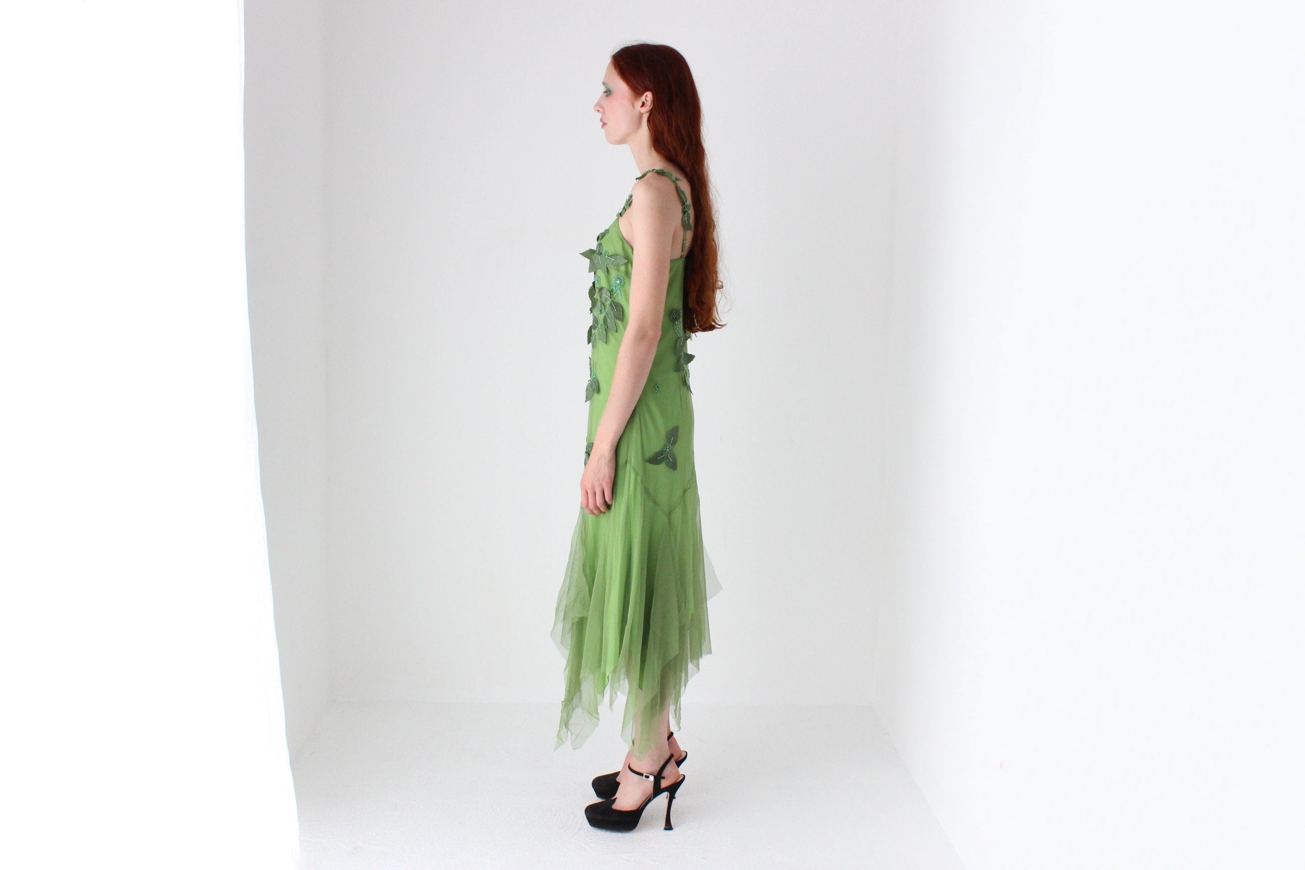 Y2K Wood Nymph Fairy Leaf & Beaded Mesh Dress