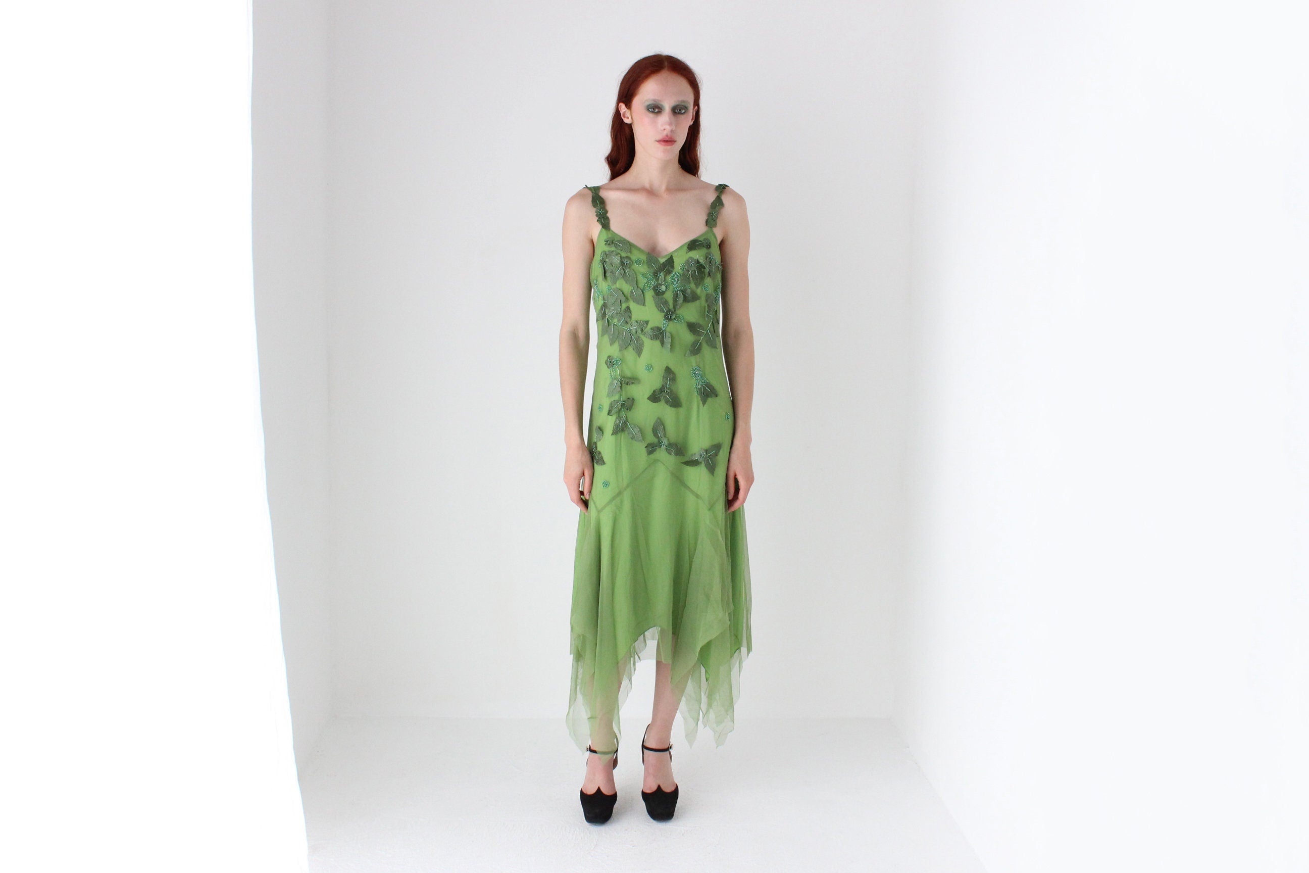 Y2K Wood Nymph Fairy Leaf & Beaded Mesh Dress