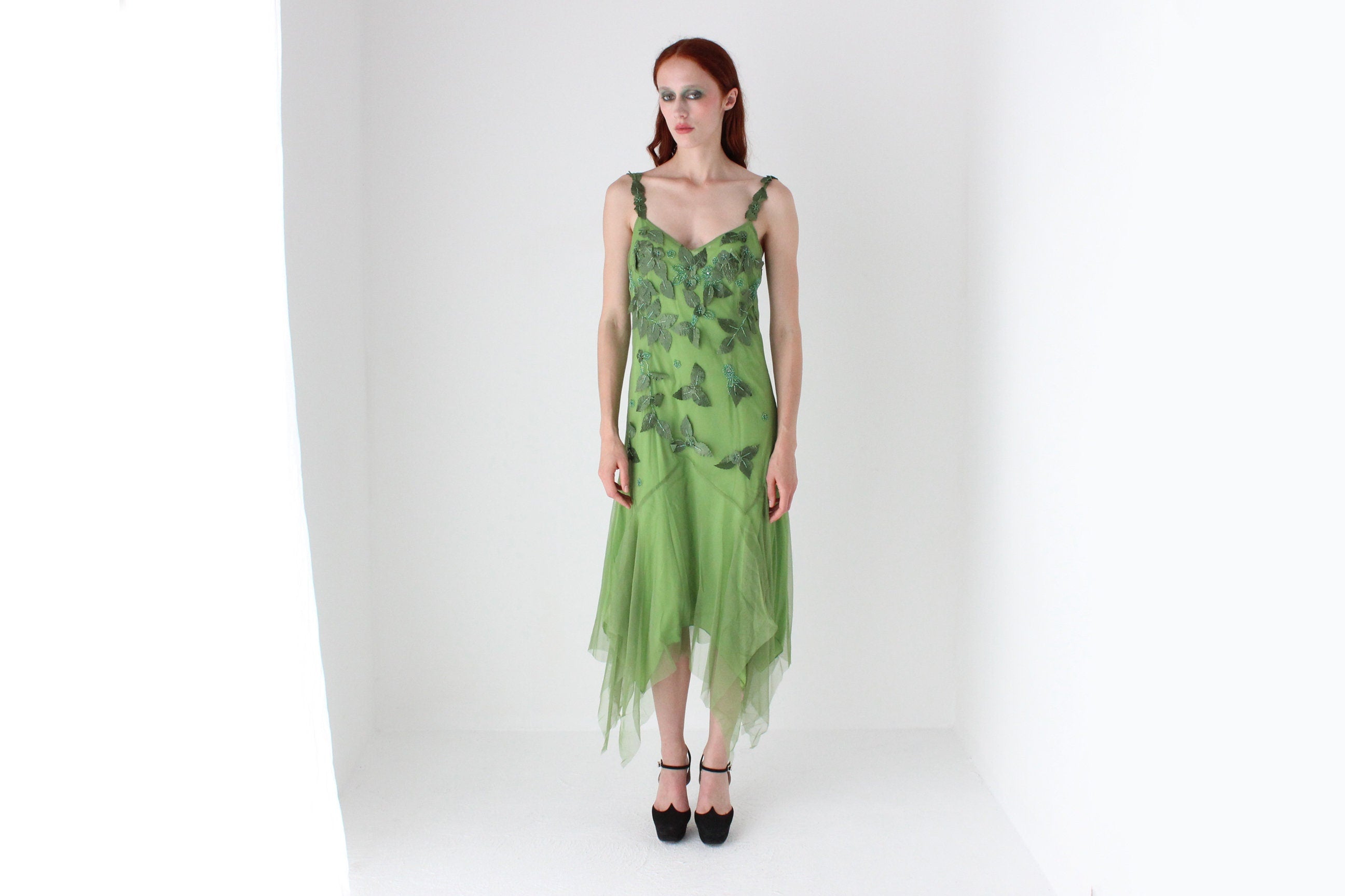 Y2K Wood Nymph Fairy Leaf & Beaded Mesh Dress