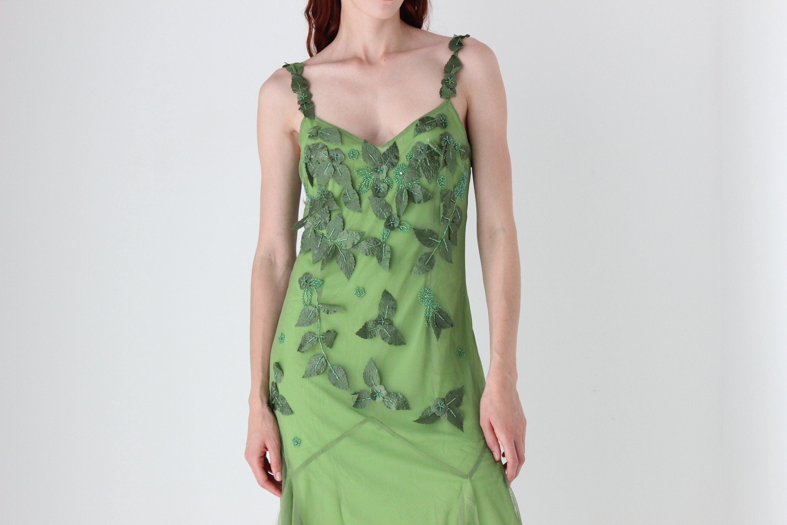 Y2K Wood Nymph Fairy Leaf & Beaded Mesh Dress