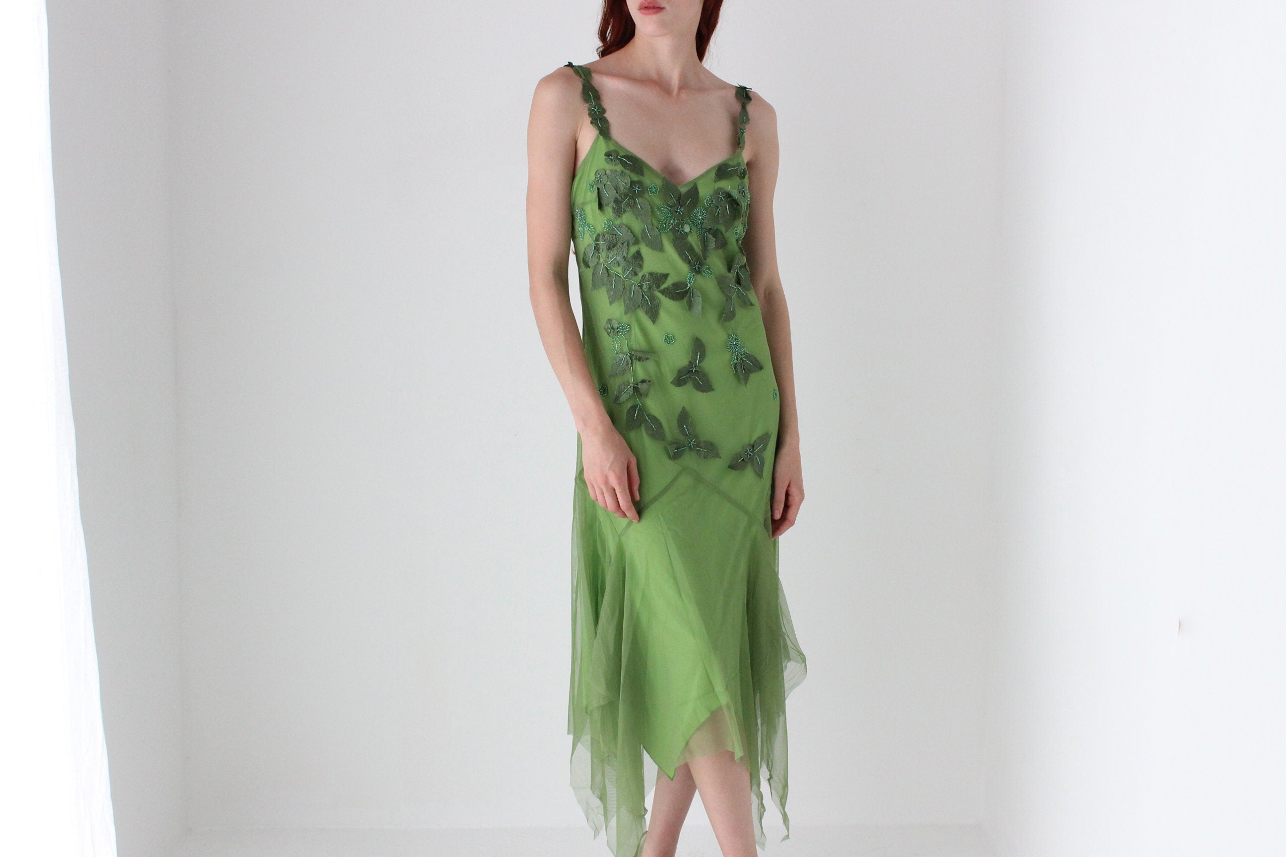 Y2K Wood Nymph Fairy Leaf & Beaded Mesh Dress