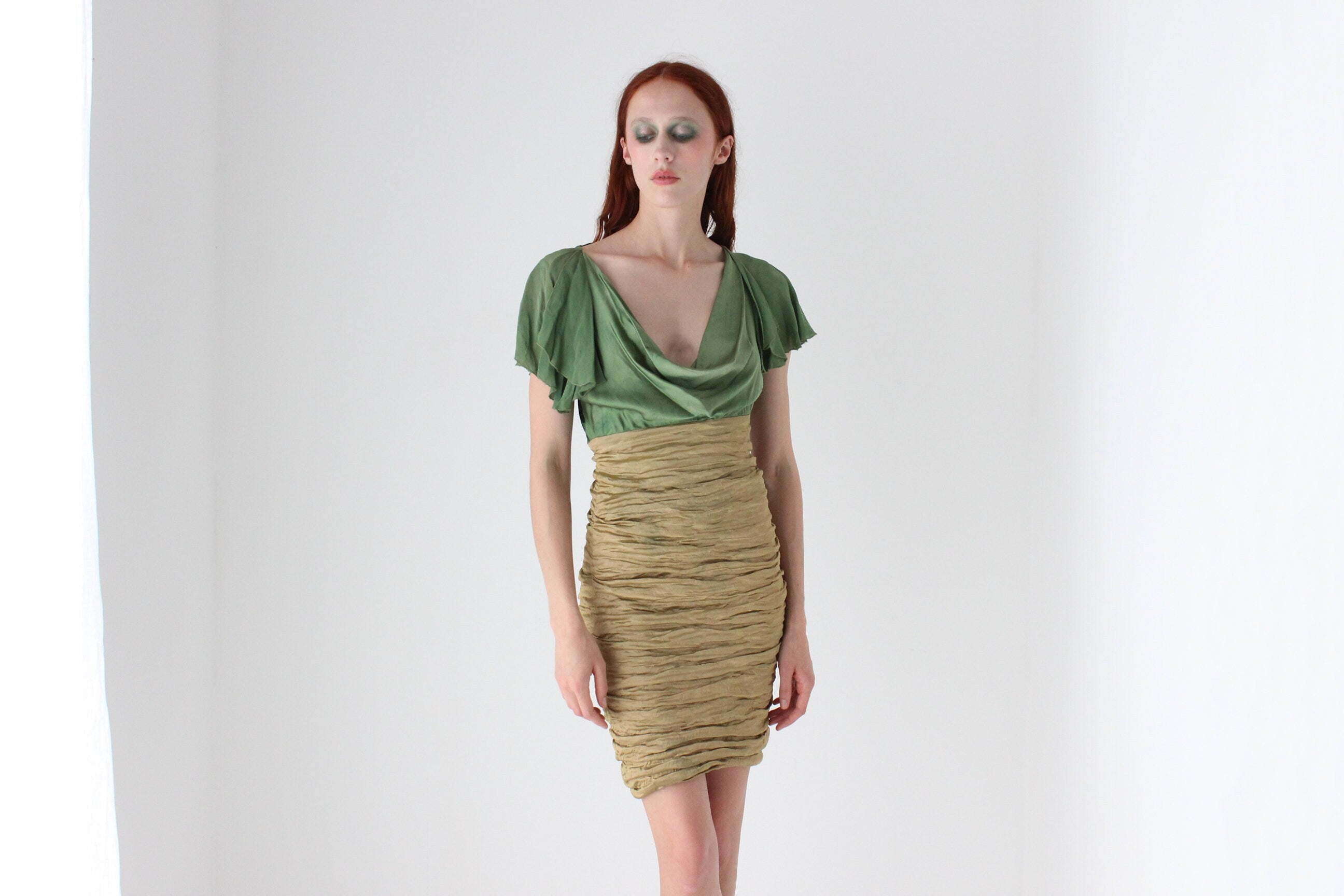 Y2K Nicole Miller Ruched Metal & Silk Flutter Sleeve Mini