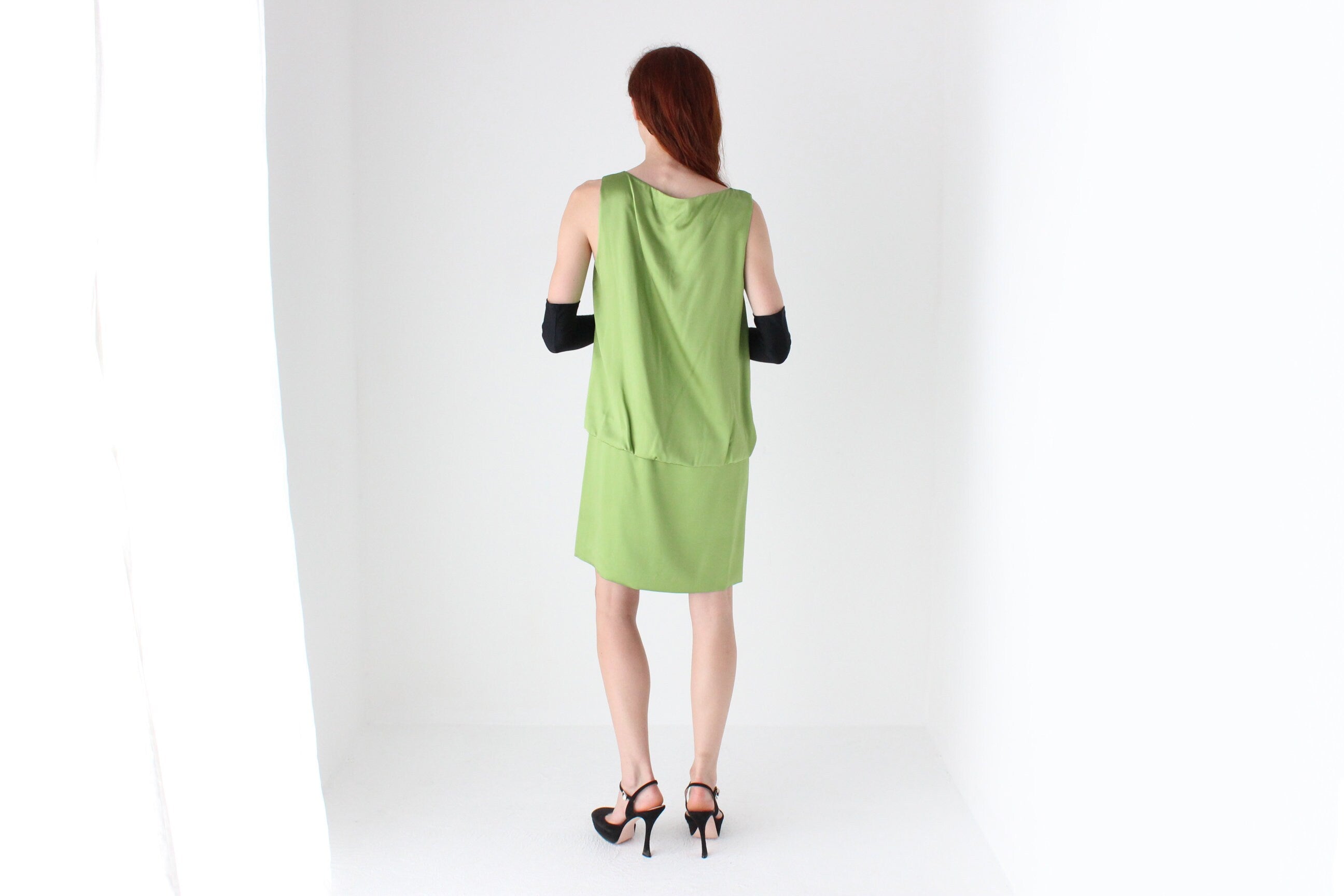 Y2K Vivienne Tam Green Silk Satin Sleeveless Shift Dress