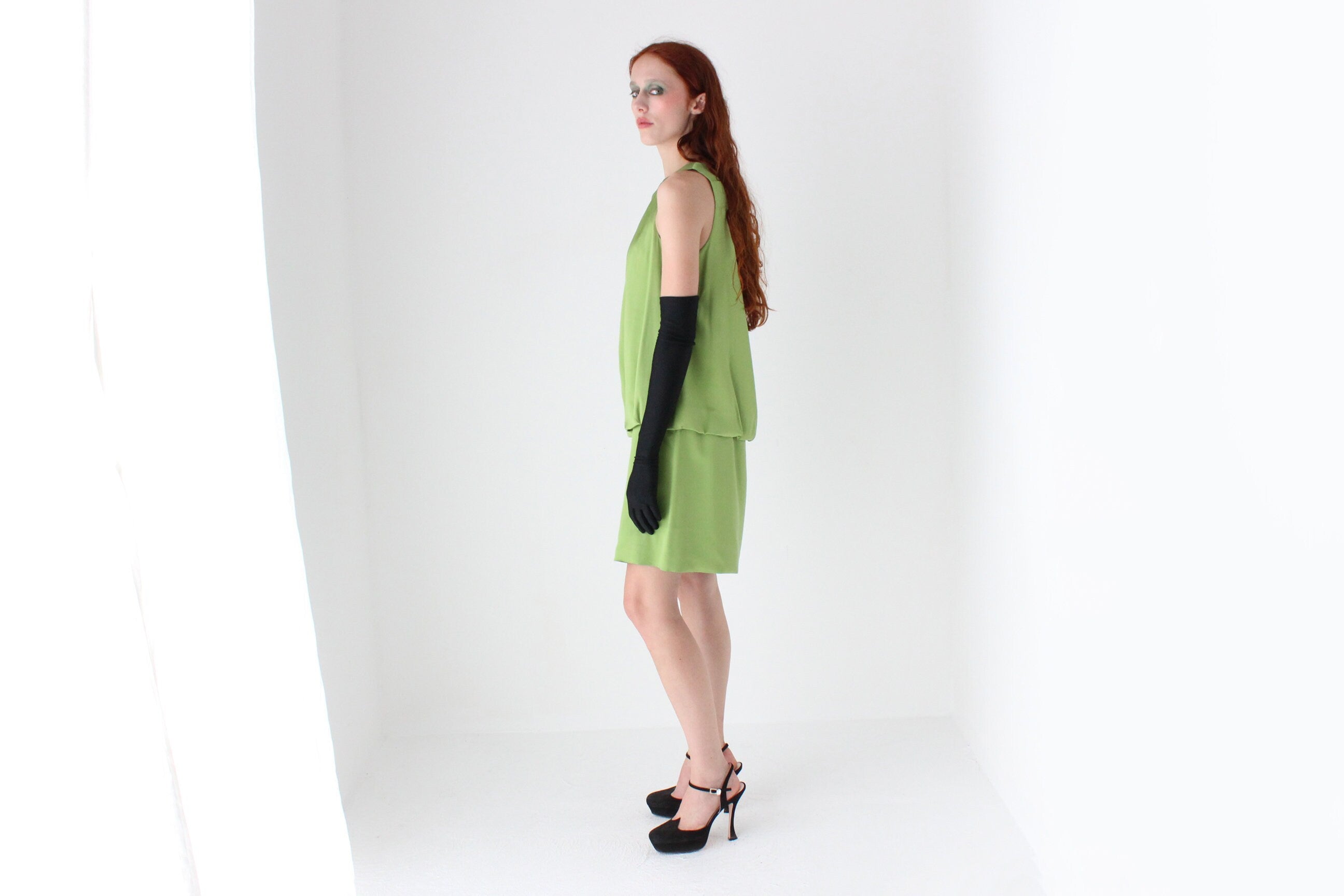 Y2K Vivienne Tam Green Silk Satin Sleeveless Shift Dress