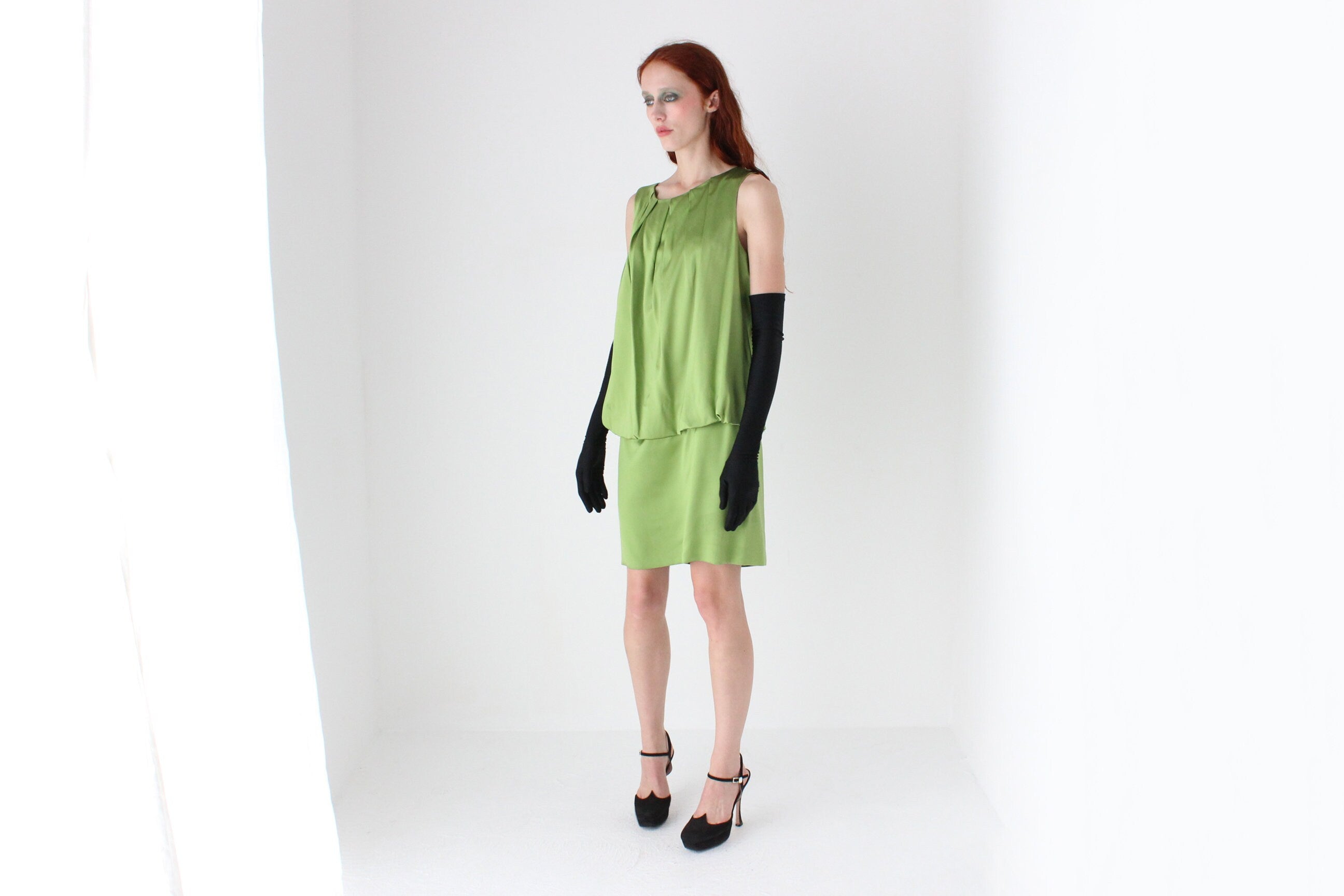 Y2K Vivienne Tam Green Silk Satin Sleeveless Shift Dress