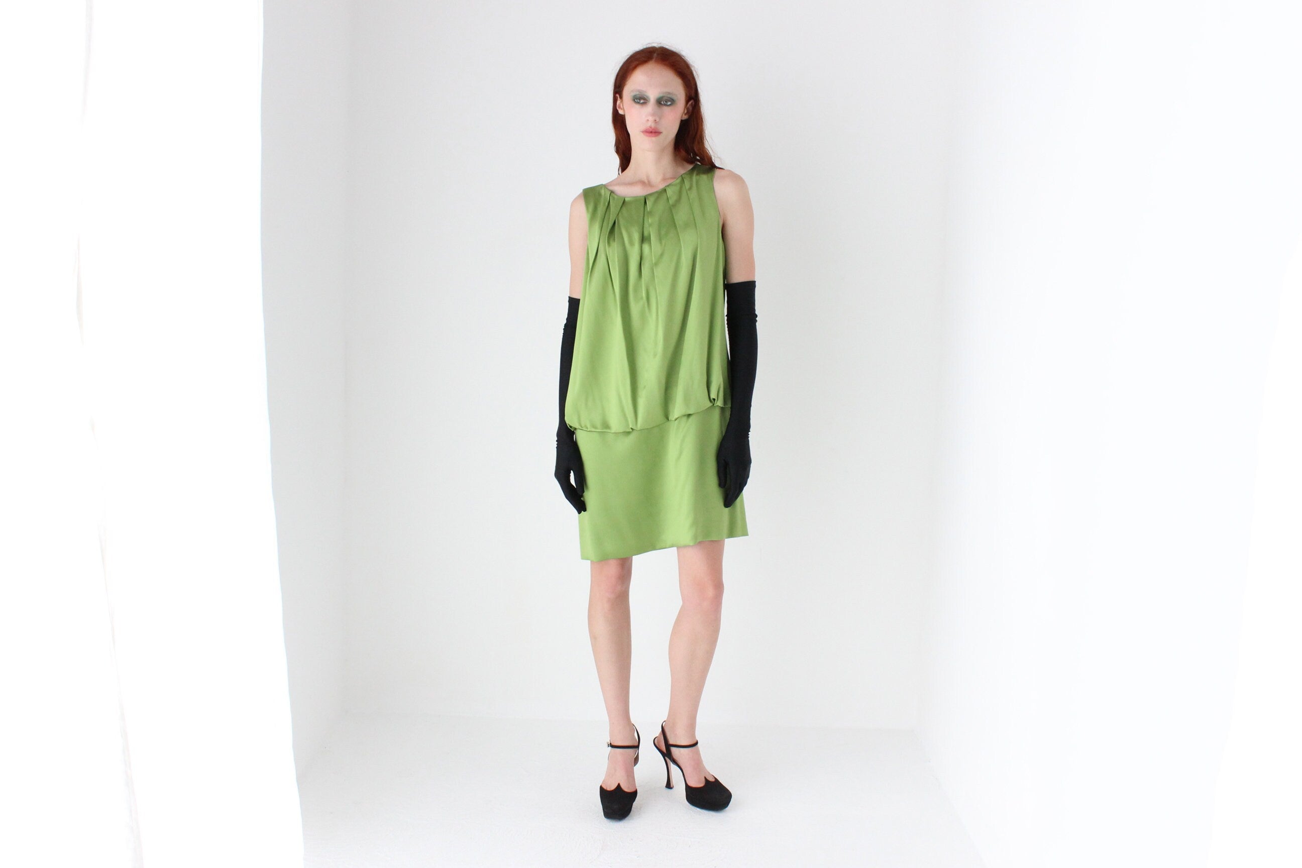 Y2K Vivienne Tam Green Silk Satin Sleeveless Shift Dress