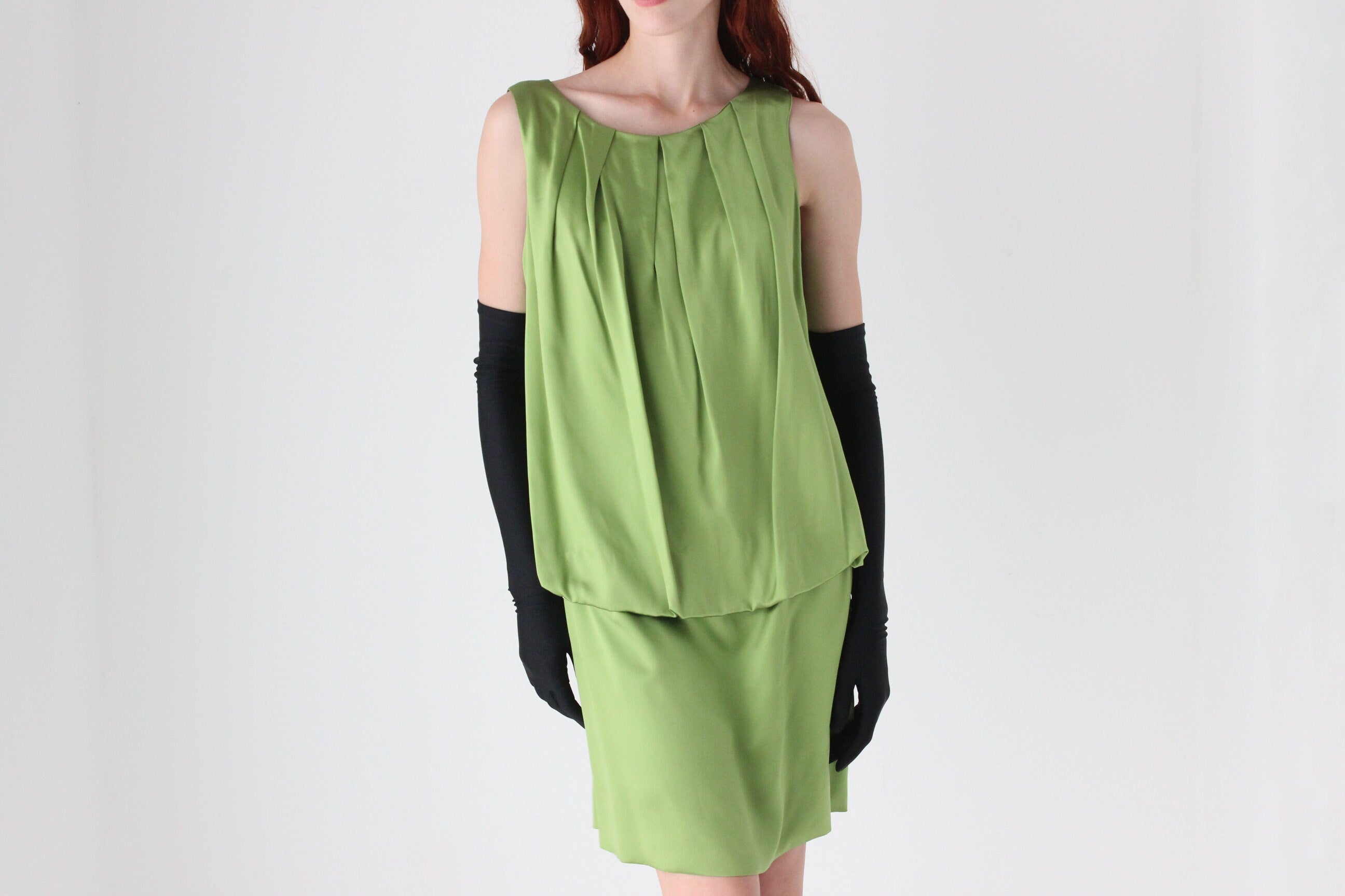 Y2K Vivienne Tam Green Silk Satin Sleeveless Shift Dress