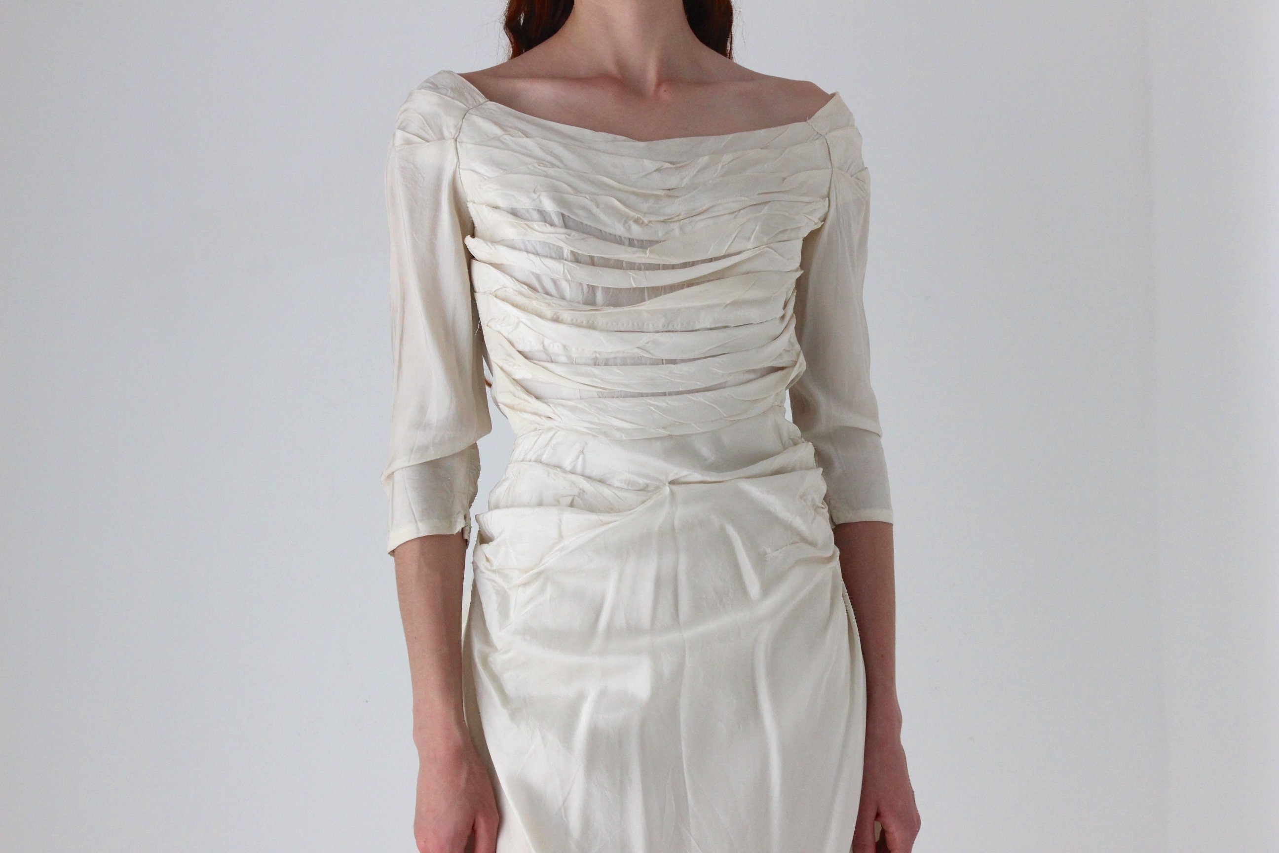 Antique 1930s Gathered, Textural, Characterful Fitted Vintage Wedding Dress