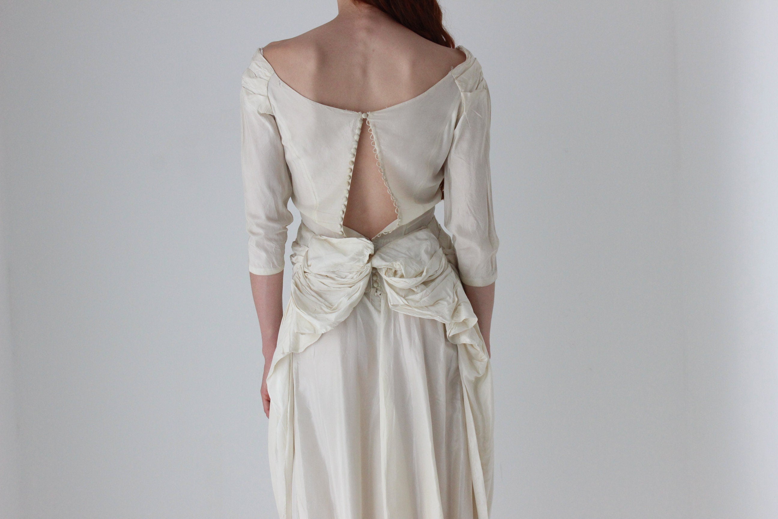 Antique 1930s Gathered, Textural, Characterful Fitted Vintage Wedding Dress