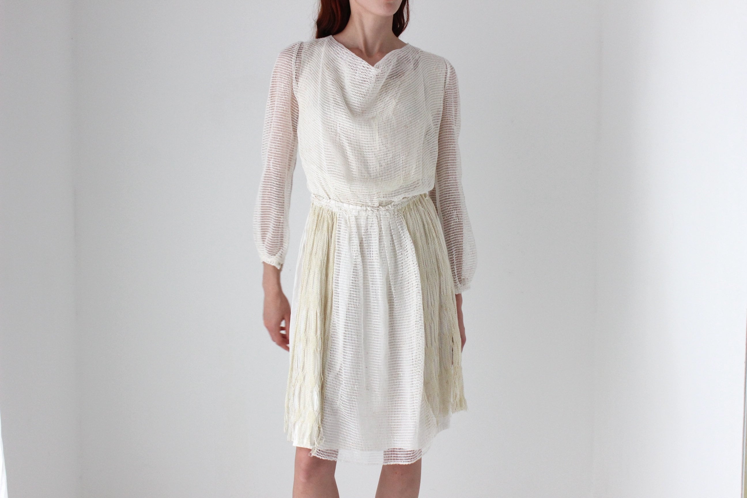 1970s Handmade Greek Textural Crochet Cotton Artist Dress