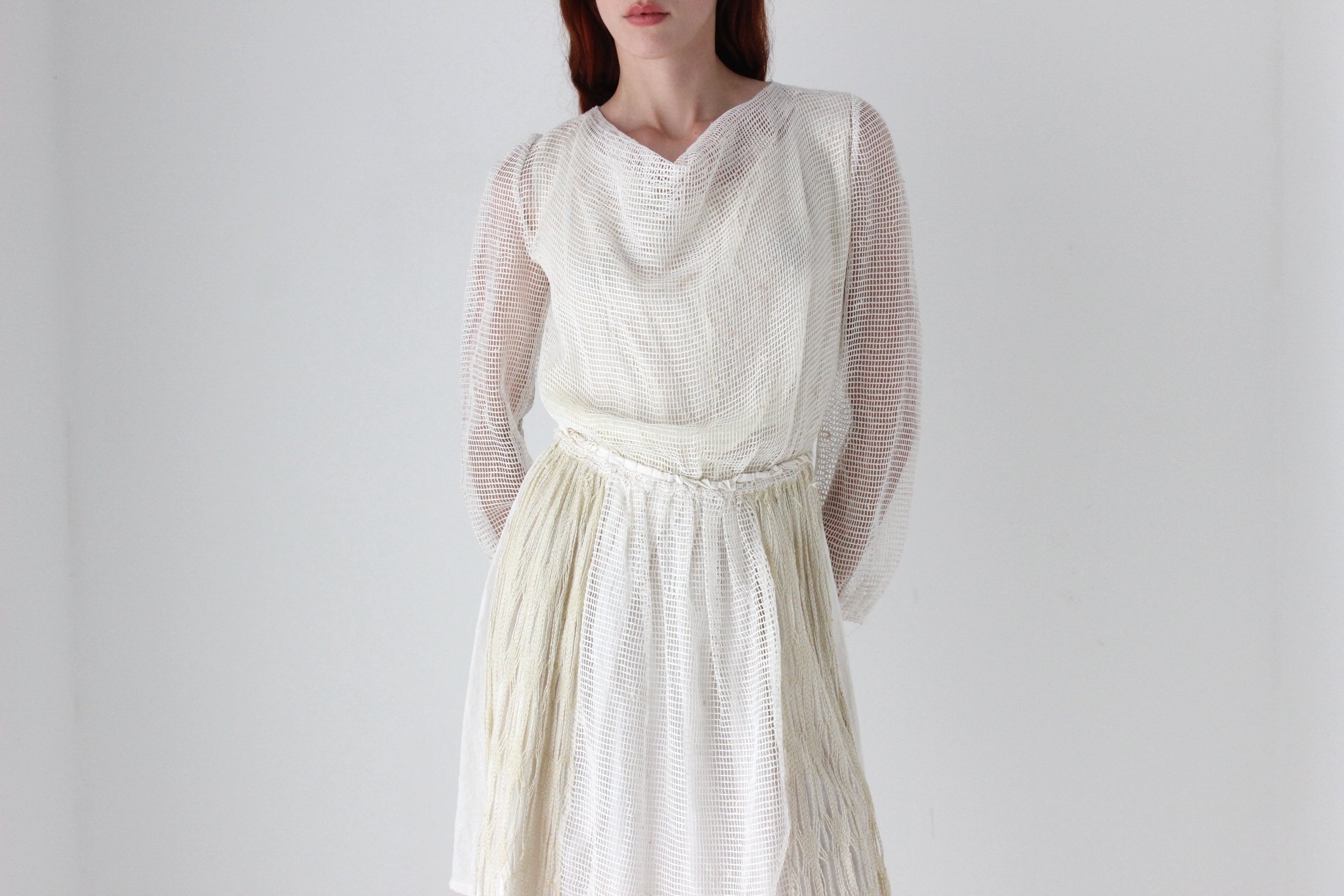 1970s Handmade Greek Textural Crochet Cotton Artist Dress