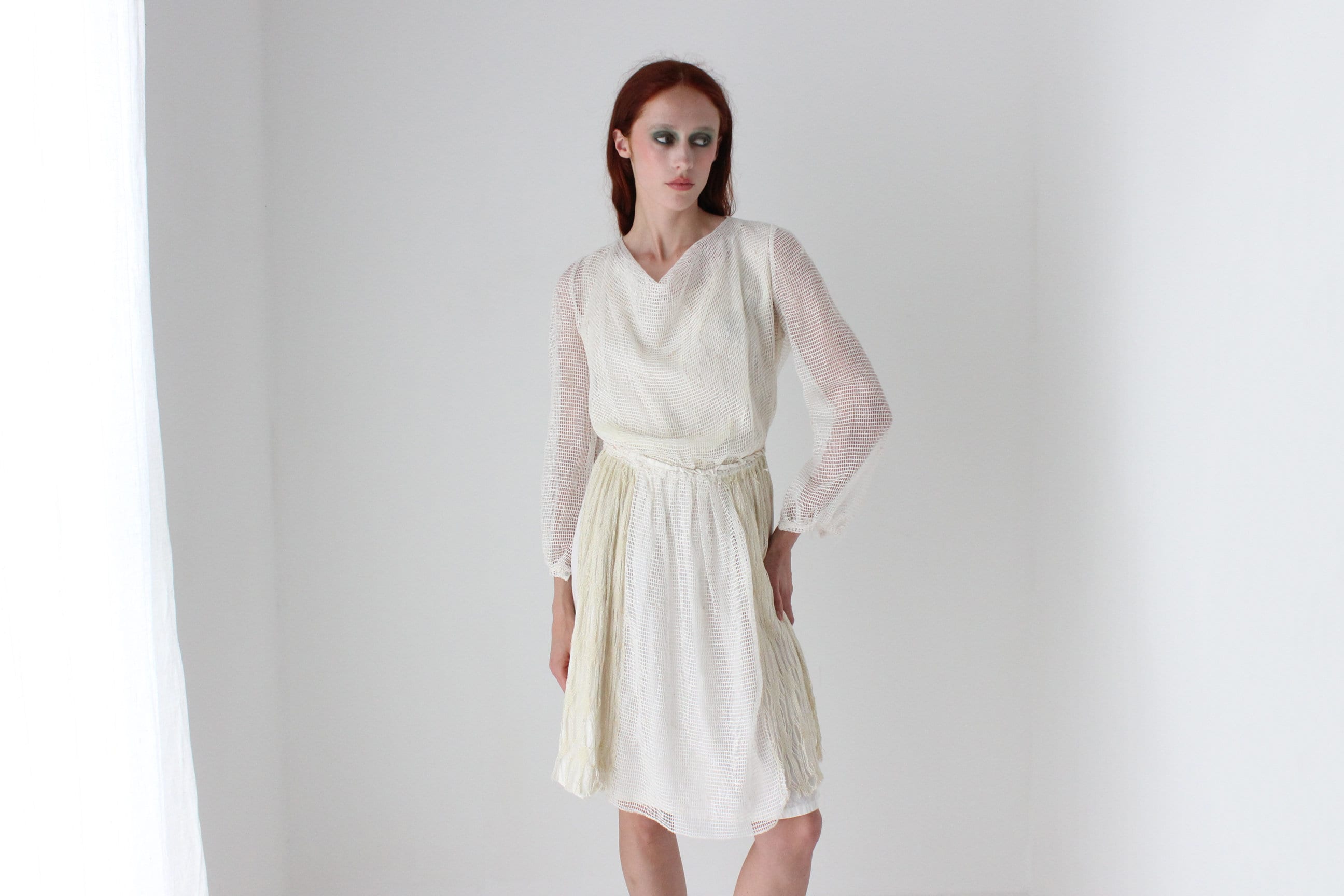 1970s Handmade Greek Textural Crochet Cotton Artist Dress