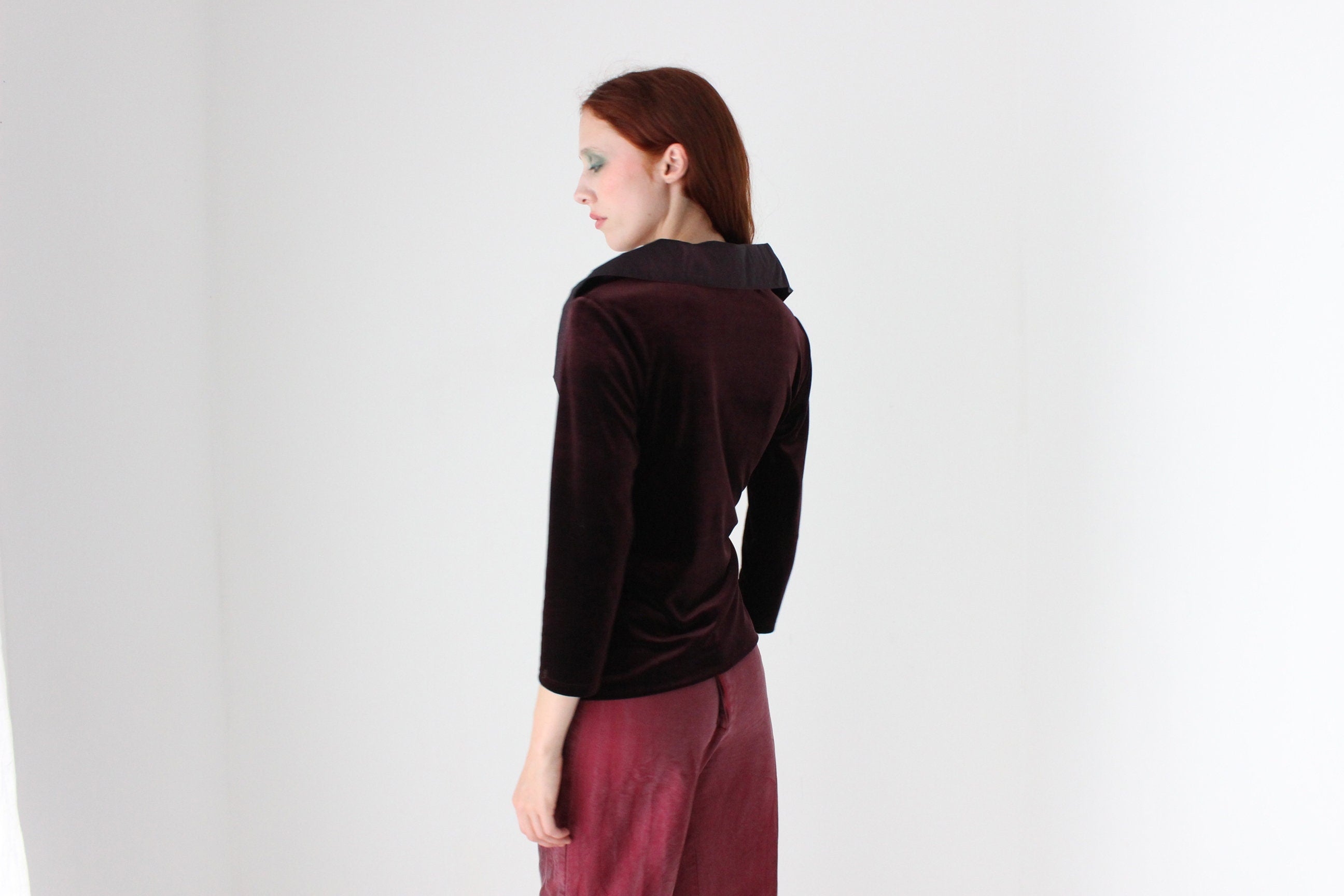 Regal 90s Velvet & Taffeta Collar Plunge Neck 'Wrap' Top