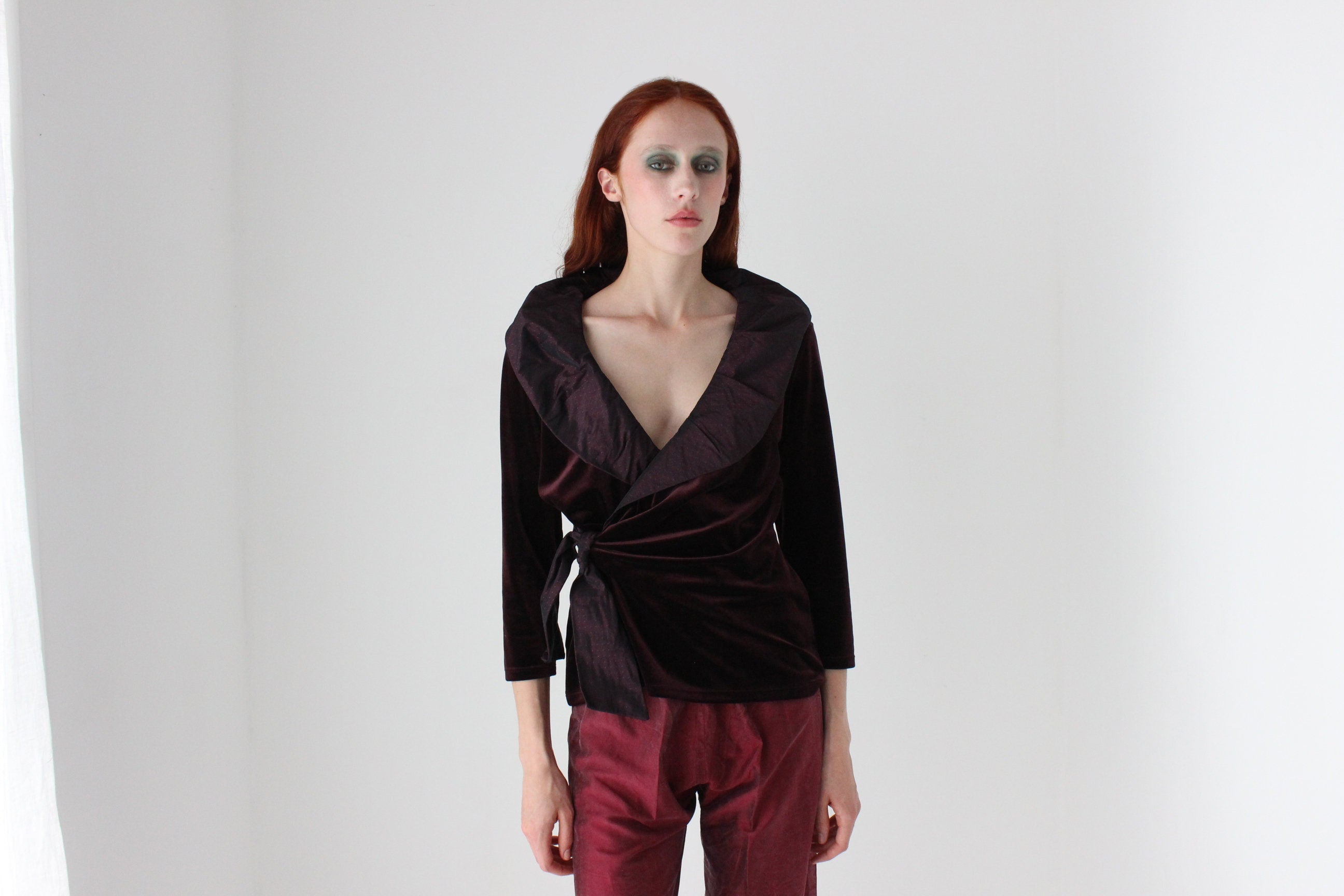 Regal 90s Velvet & Taffeta Collar Plunge Neck 'Wrap' Top