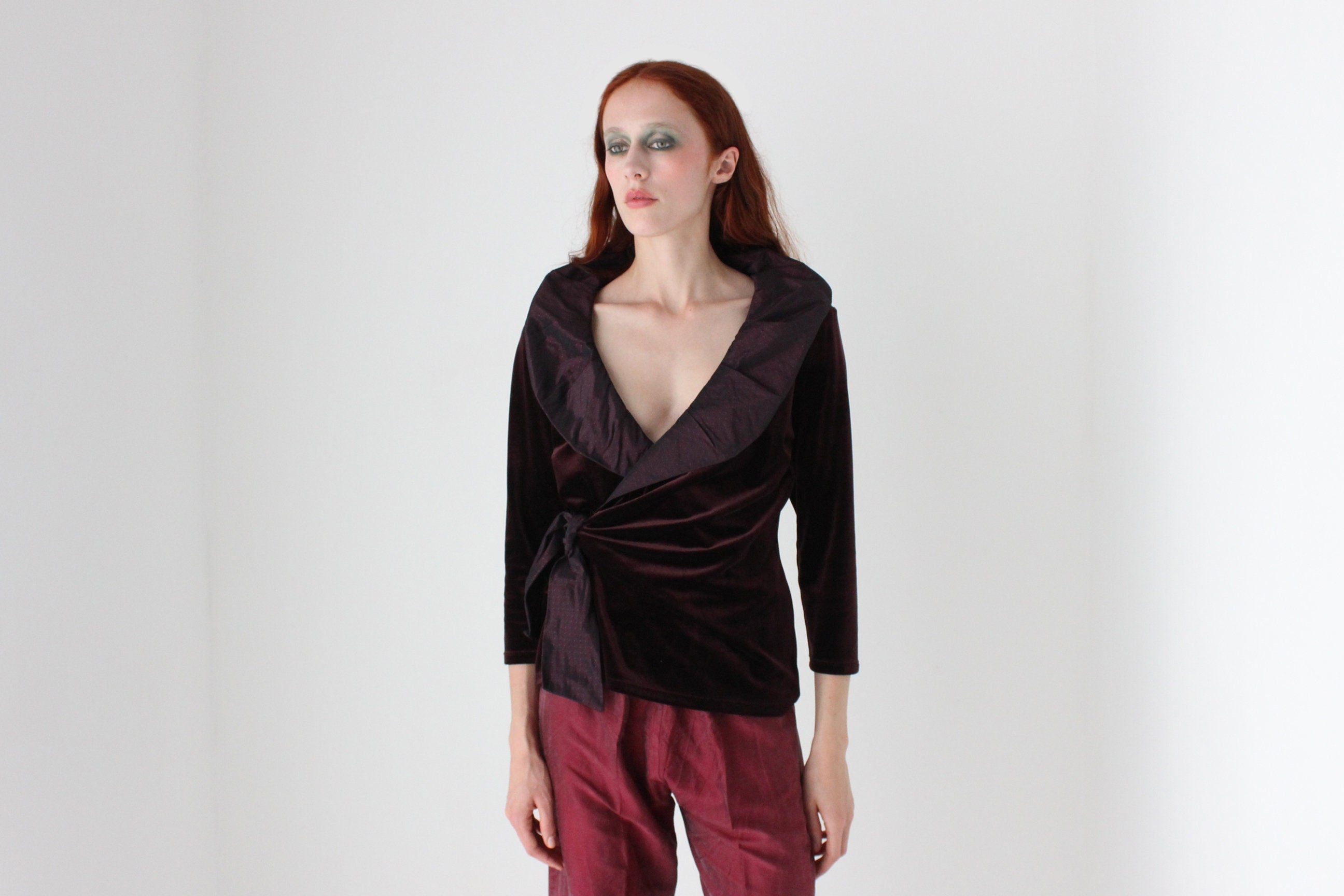 Regal 90s Velvet & Taffeta Collar Plunge Neck 'Wrap' Top